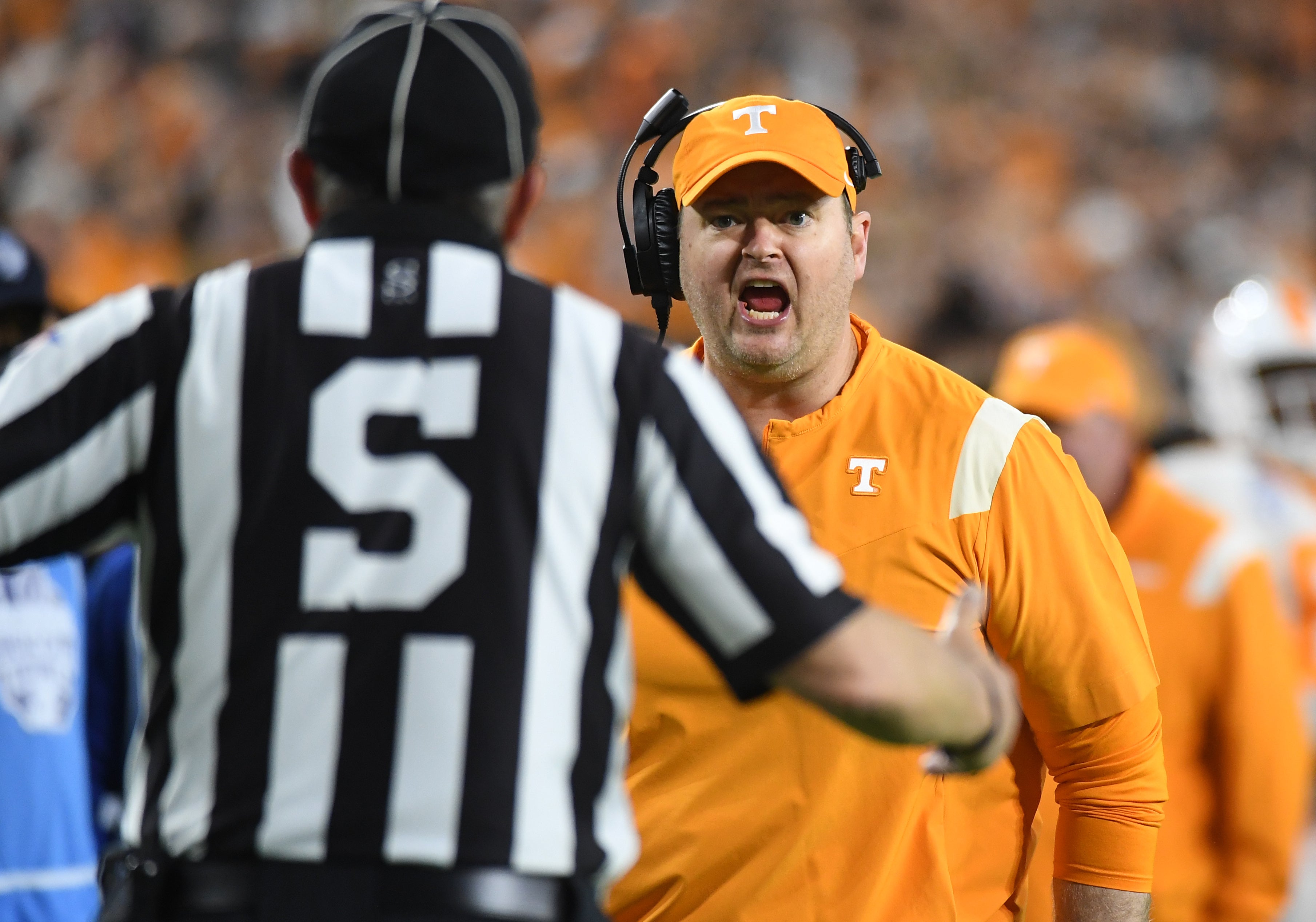 Dec 30, 2021; Nashville, TN, USA; Tennessee Volunteers head coach Josh Heupel questions a penalty call during the second half against the Purdue Boilermakers in the 2021 Music City Bowl at Nissan Stadium.
