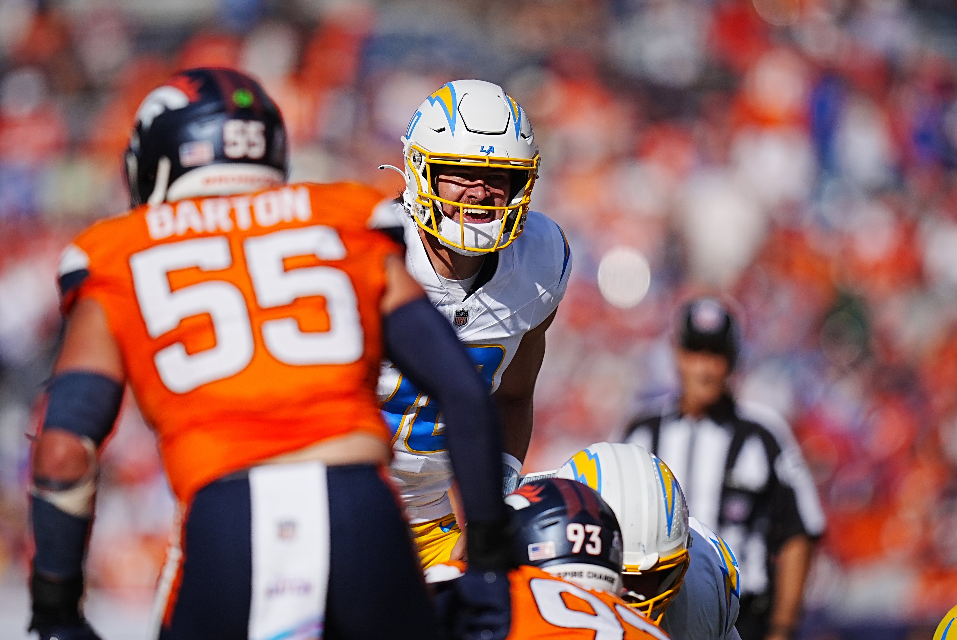 Chargers quarterback Justin Herbert (10) calls out in the second quarter against the Denver Broncos