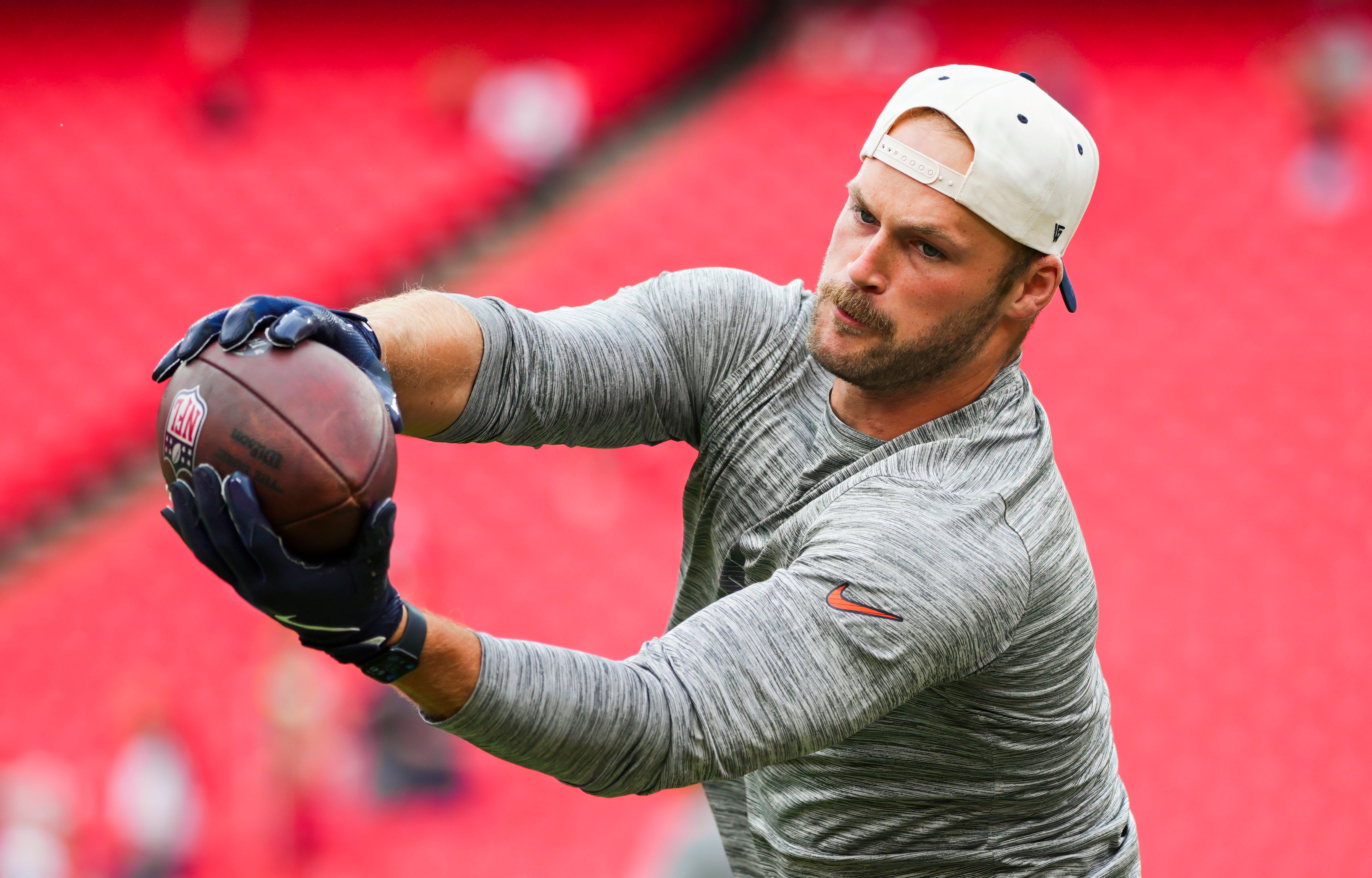 Chicago Bears tight end Brenden Bates (87) warms up prior to a game against the Kansas City Chiefs at GEHA Field at Arrowhead Stadium.
