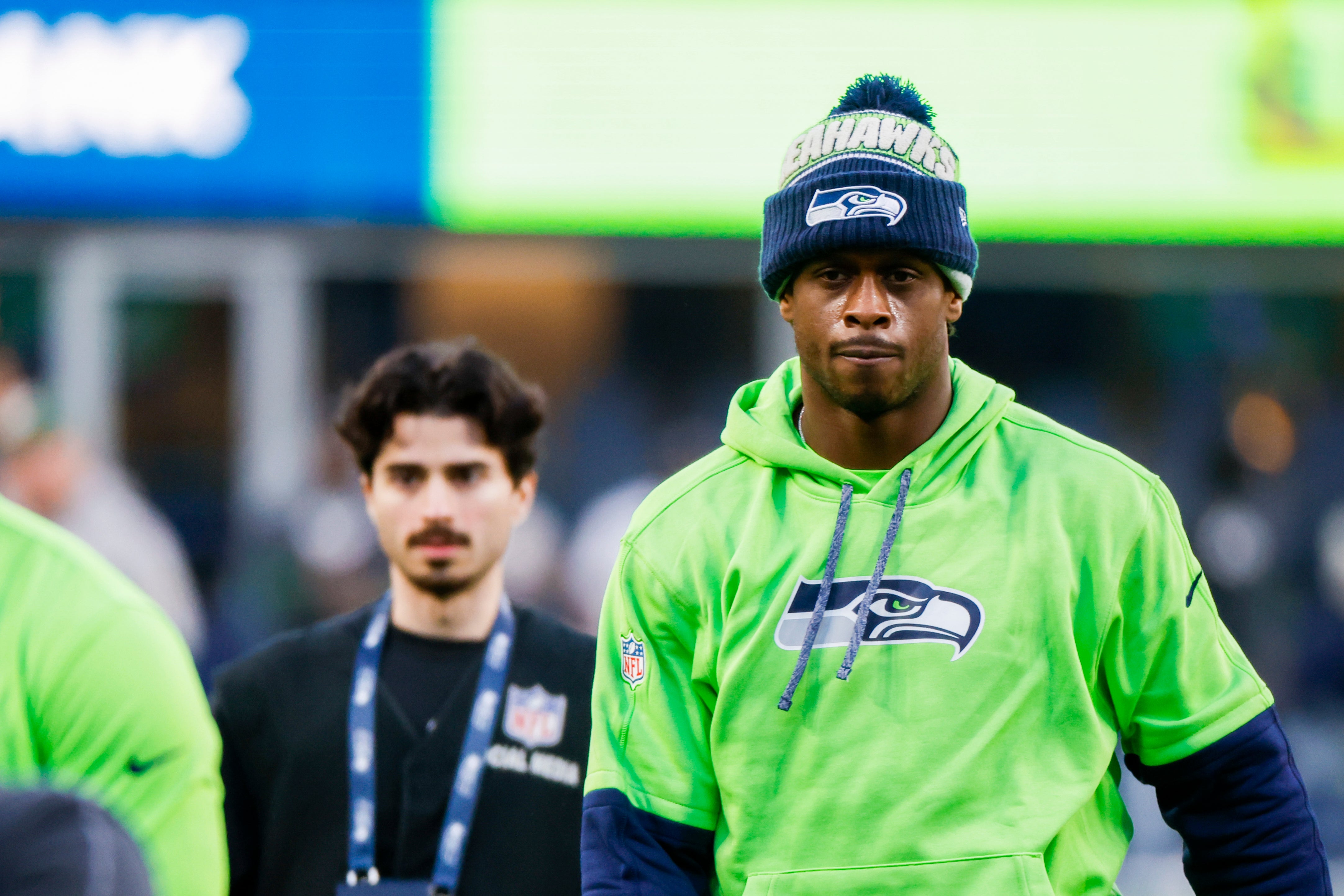 Dec 15, 2024; Seattle, Washington, USA; Seattle Seahawks quarterback Geno Smith (7) participates in pregame warmups against the Green Bay Packers at Lumen Field.