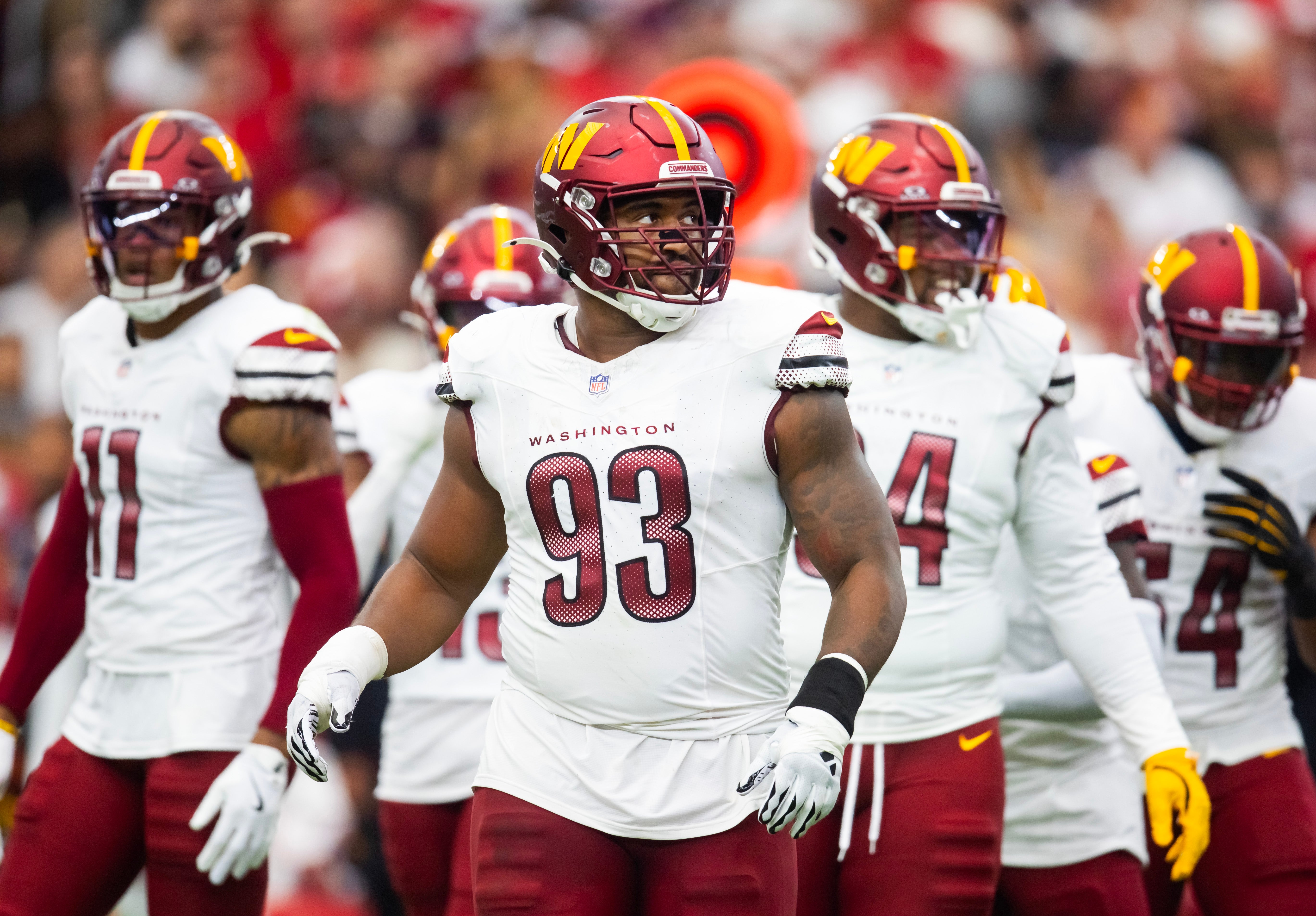 Sep 29, 2024; Glendale, Arizona, USA; Washington Commanders defensive tackle Jonathan Allen (93) against the Arizona Cardinals at State Farm Stadium.