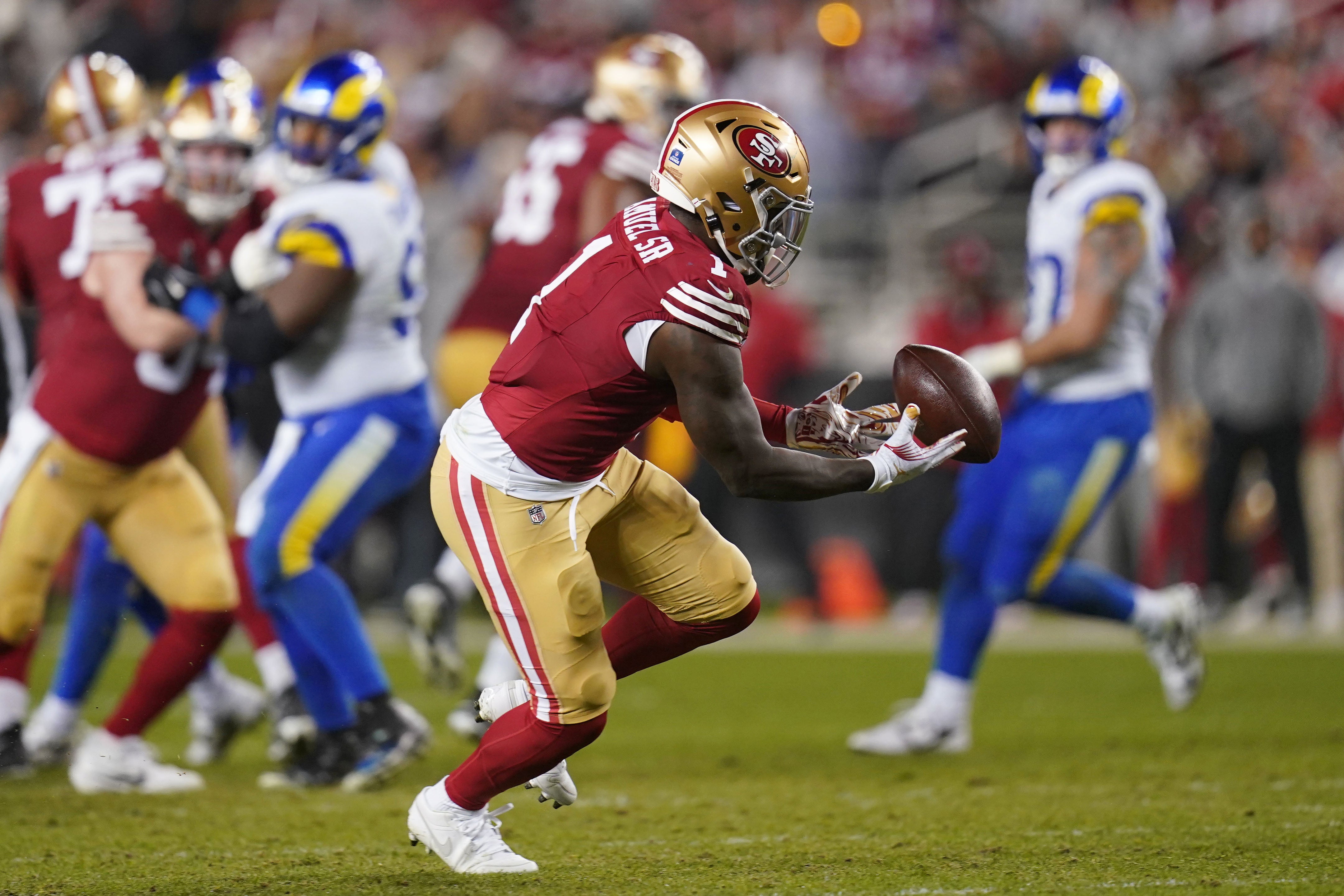 San Francisco 49ers wide receiver Deebo Samuel Sr. (1) drops the ball after attempting to make a catch against the Los Angeles Rams in the third quarter at Levi's Stadium.