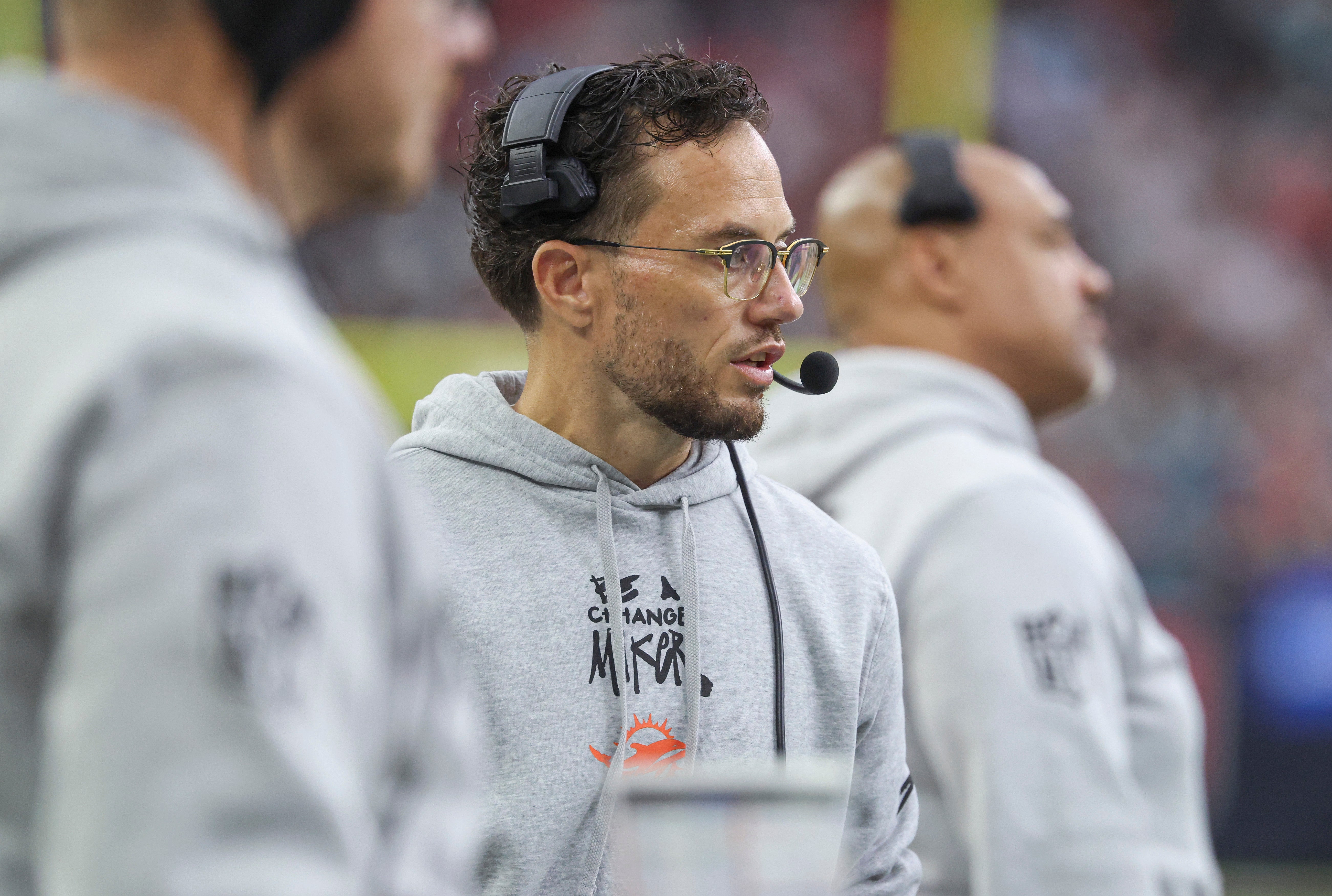 Dec 15, 2024; Houston, Texas, USA; Miami Dolphins head coach Mike McDaniel looks on during the first half against the Houston Texans at NRG Stadium.