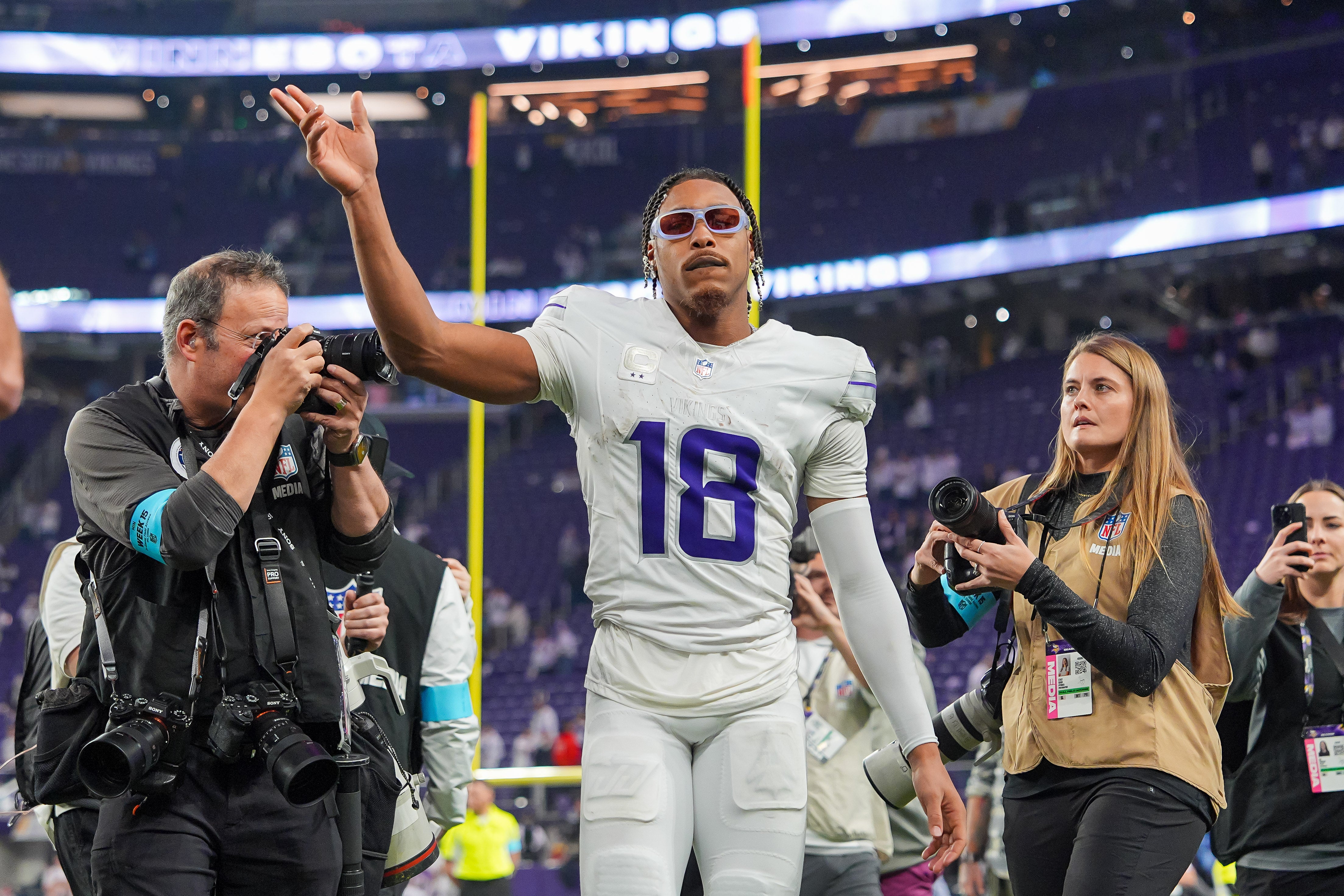 Dec 16, 2024; Minneapolis, Minnesota, USA; Minnesota Vikings wide receiver Justin Jefferson (18) leaves the field after the game against the Chicago Bears at U.S. Bank Stadium.