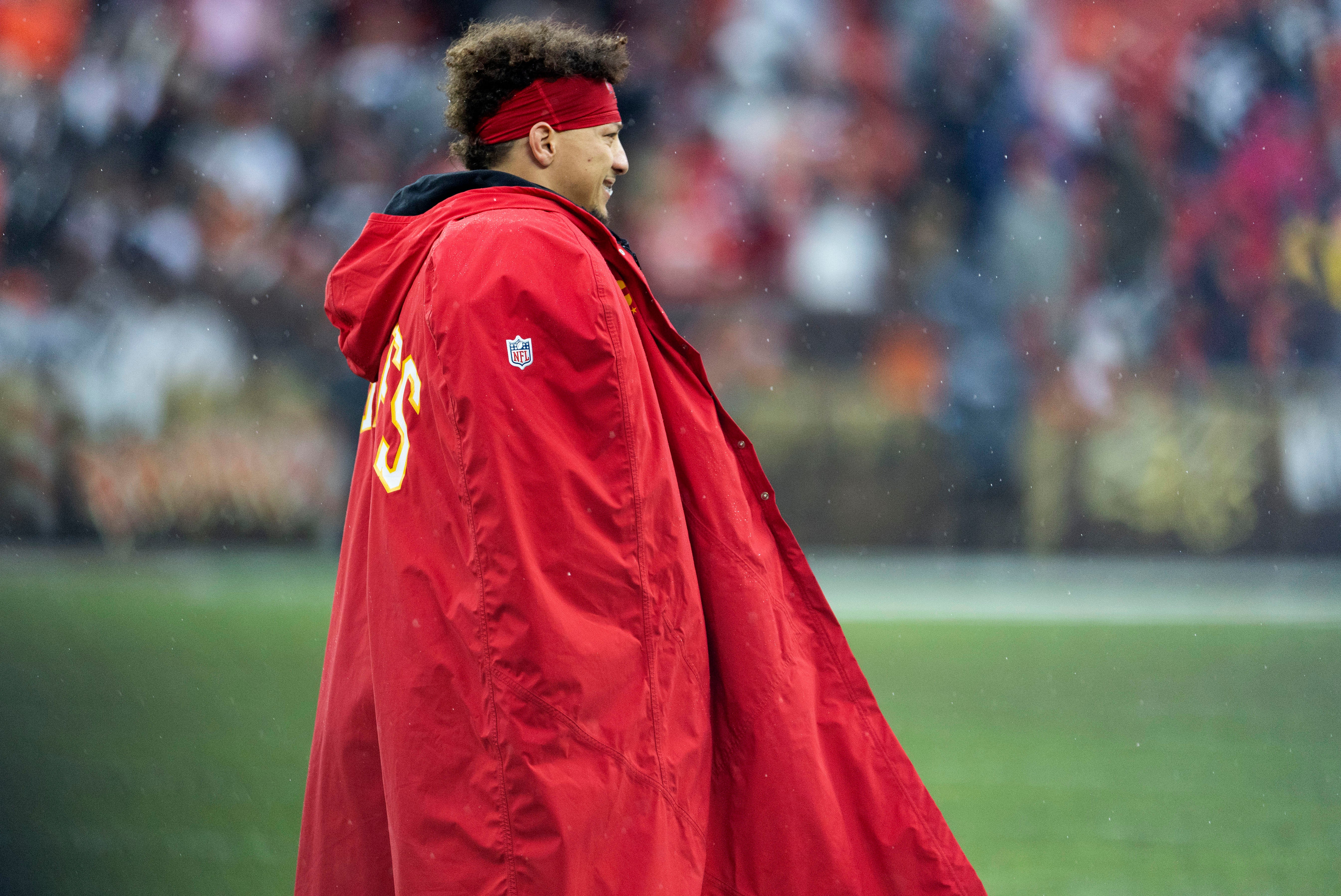 Dec 15, 2024; Cleveland, Ohio, USA; Kansas City Chiefs quarterback Patrick Mahomes (15) walks to the sideline during a timeout in the fourth quarter against the Cleveland Browns at Huntington Bank Field.