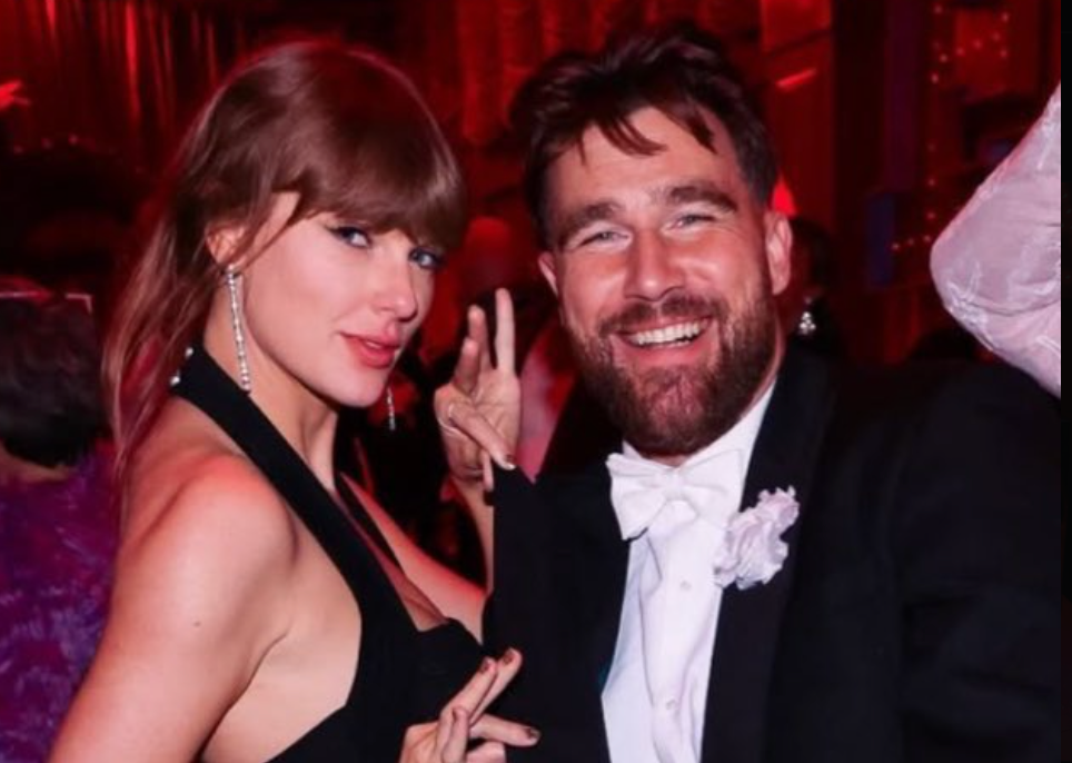 Taylor Swift and Travis Kelce at her Eras Tour themed birthday party