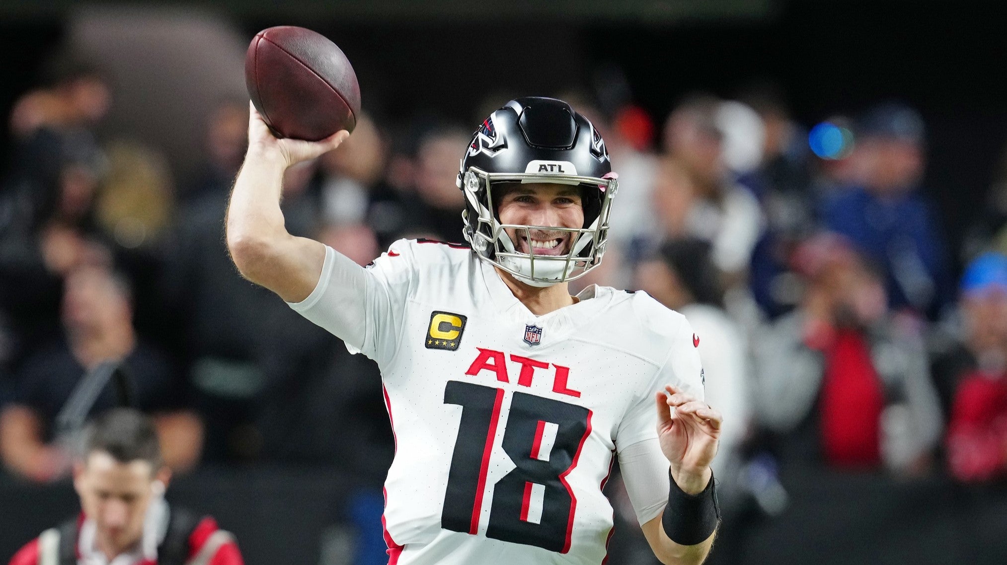 Dec 16, 2024; Paradise, Nevada, USA; Atlanta Falcons quarterback Kirk Cousins (18) warms up before a game against the Las Vegas Raiders at Allegiant Stadium.