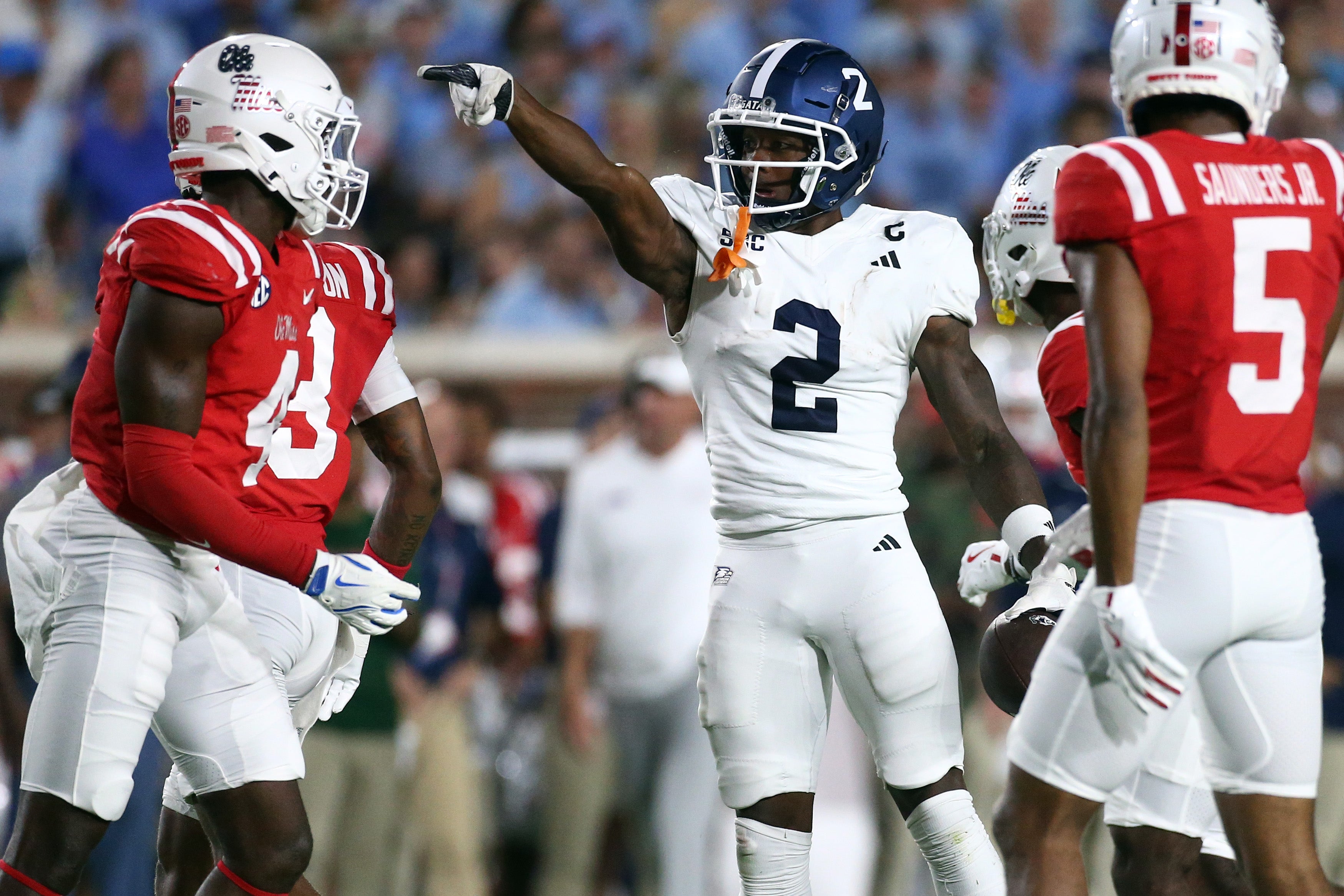 Sep 21, 2024; Oxford, Mississippi, USA; Georgia Southern Eagles wide receiver Derwin Burgess Jr. (2) reacts after a first down catch during the first half against the Mississippi Rebels at Vaught-Hemingway Stadium.