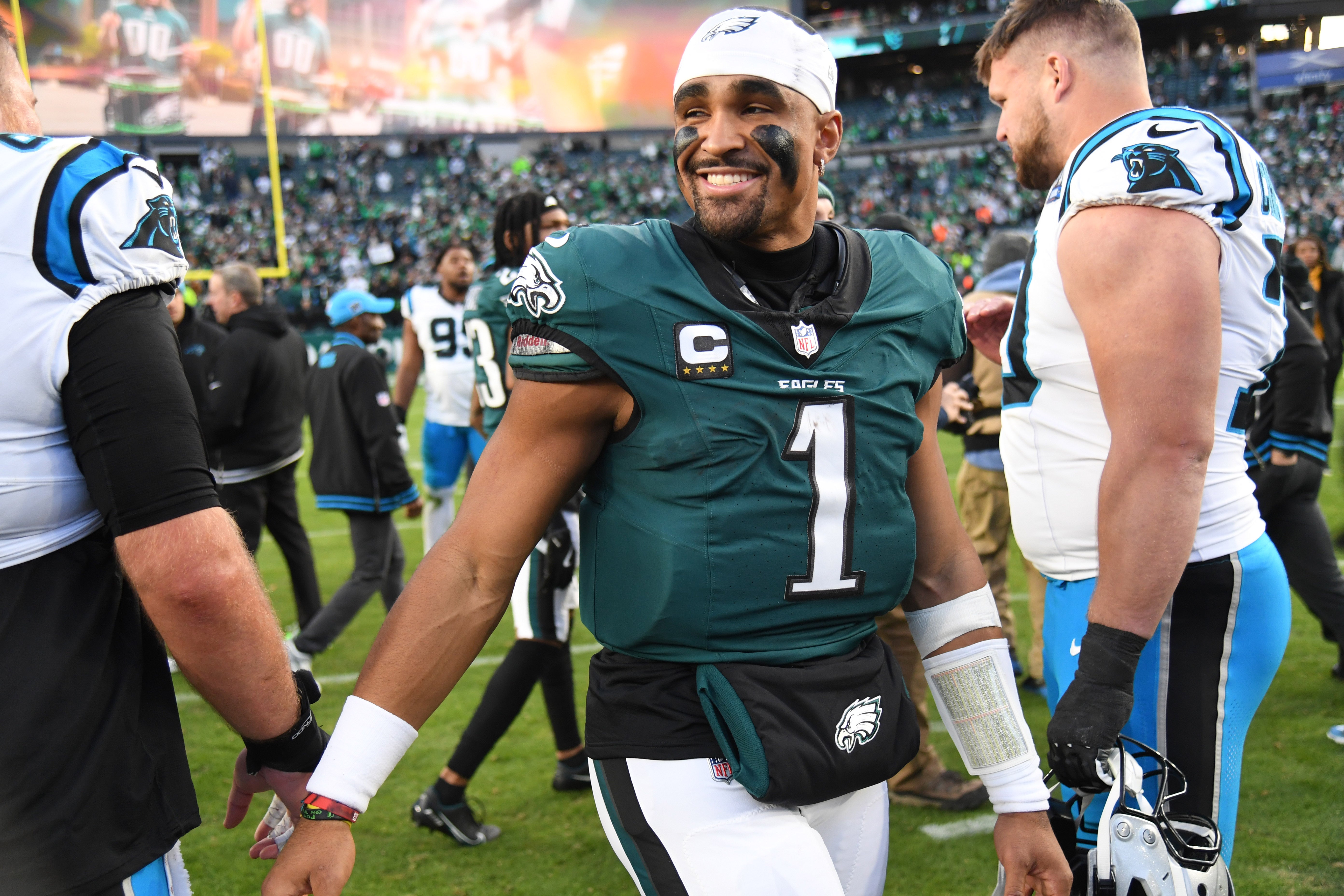 Philadelphia Eagles quarterback Jalen Hurts (1) on the field after win against the Carolina Panthers at Lincoln Financial Field.