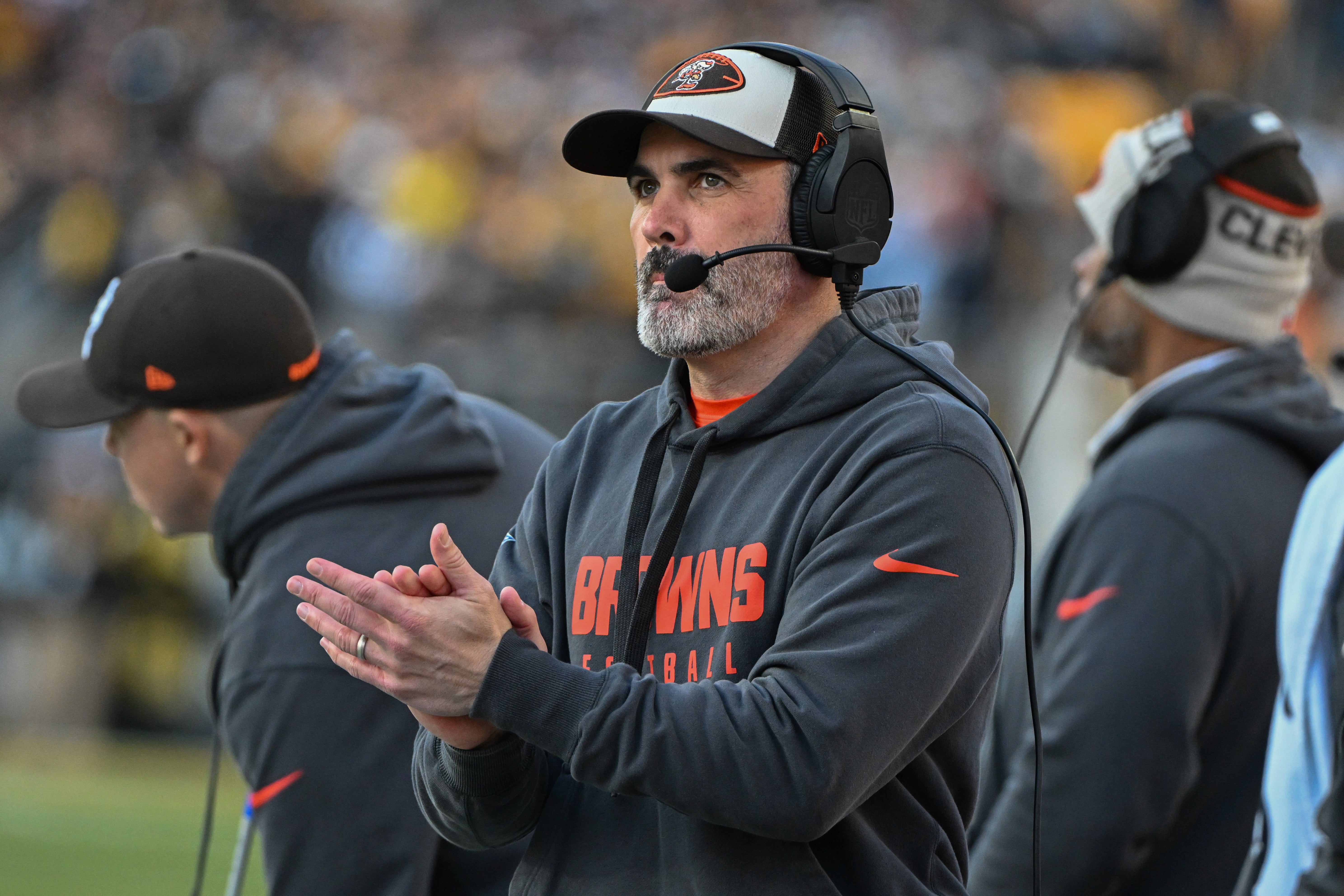 Dec 8, 2024; Pittsburgh, Pennsylvania, USA; Cleveland Browns head coach Kevin Stefanski reacts against the Pittsburgh Steelers during the fourth quarter at Acrisure Stadium.