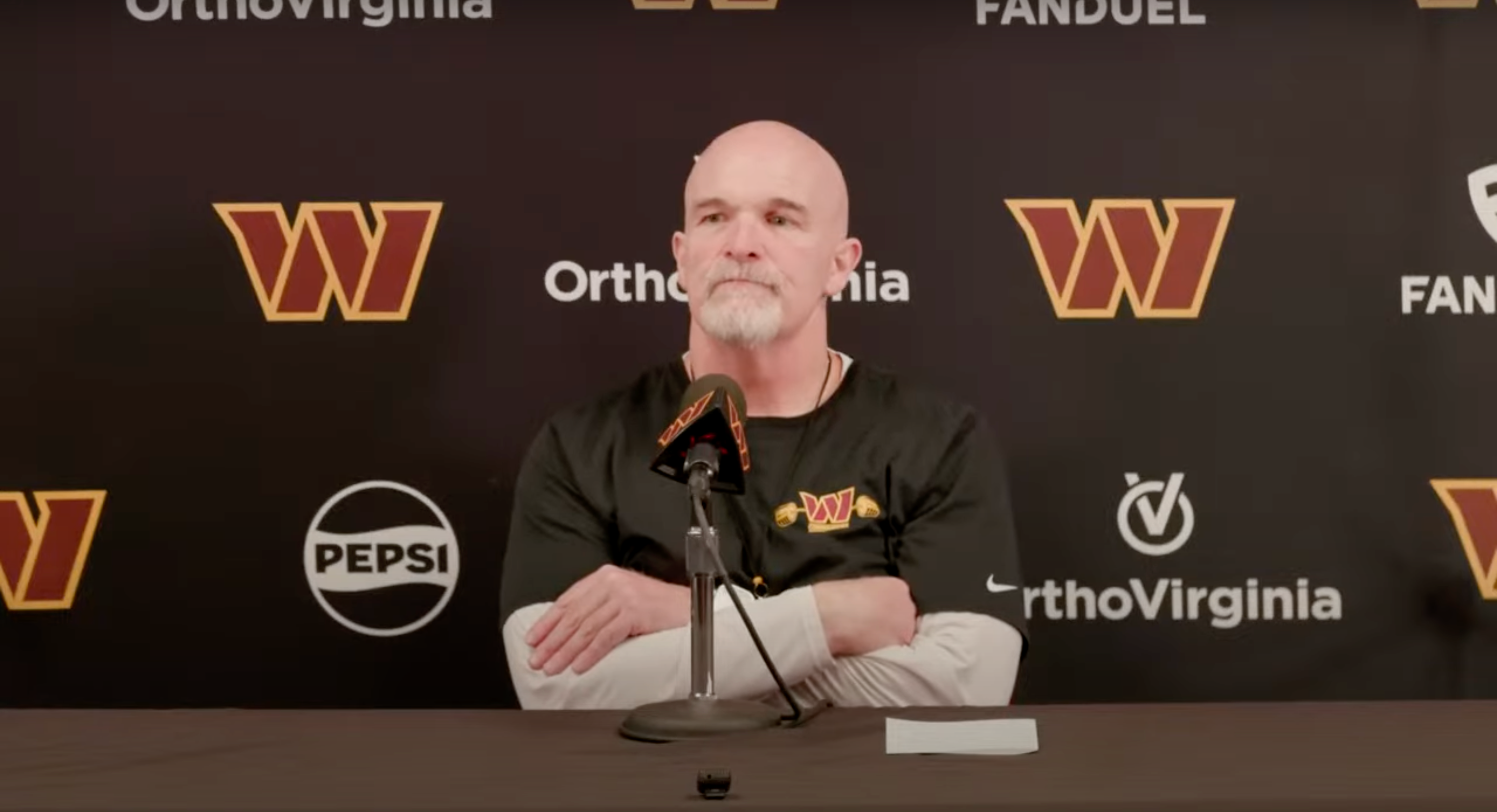 Dan Quinn talks to reporters ahead of the Commanders' Week 16 matchup against the Eagles.