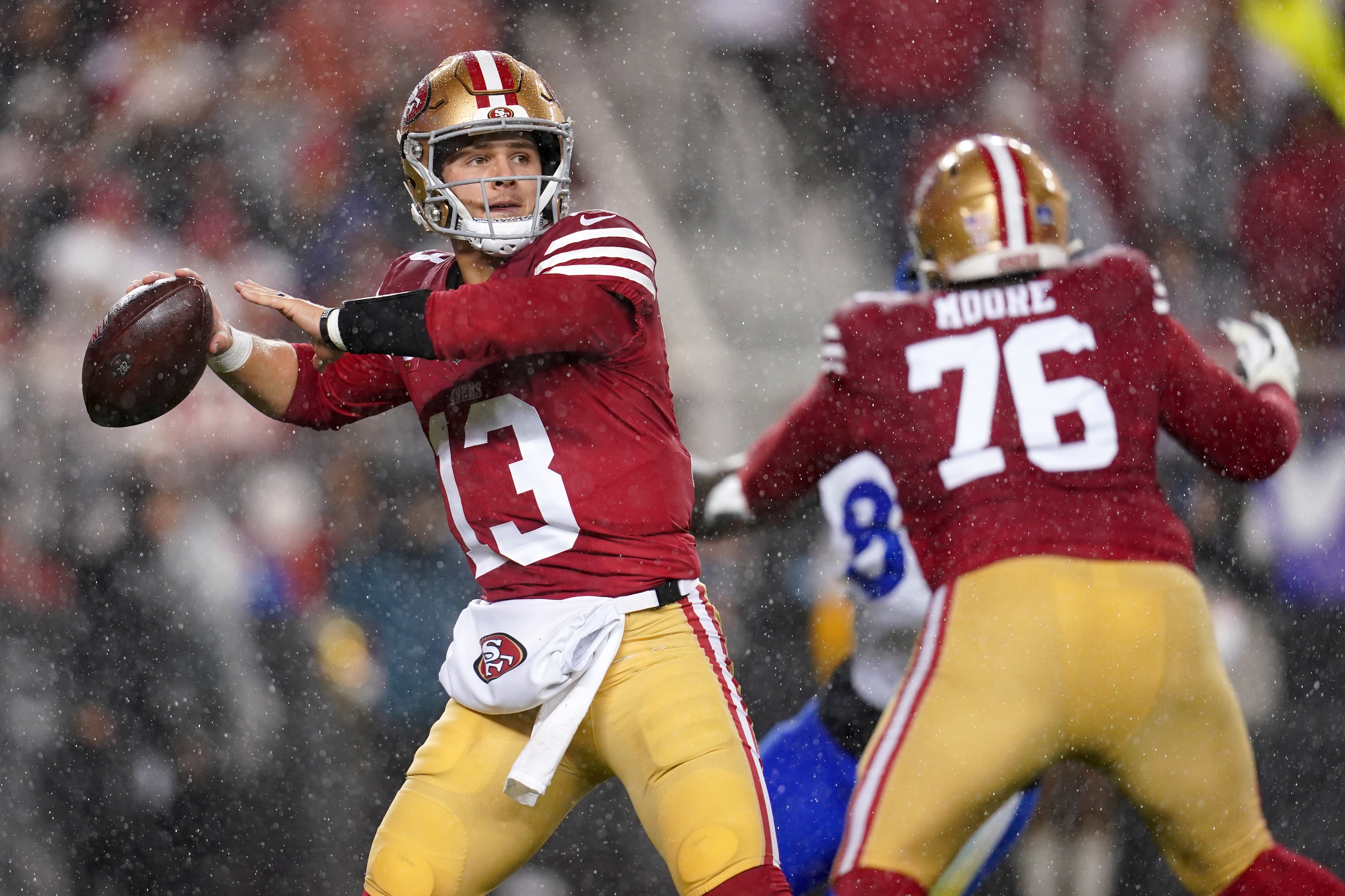 San Francisco 49ers quarterback Brock Purdy (13) throws a pass against the Los Angeles Rams in the second quarter at Levi's Stadium.