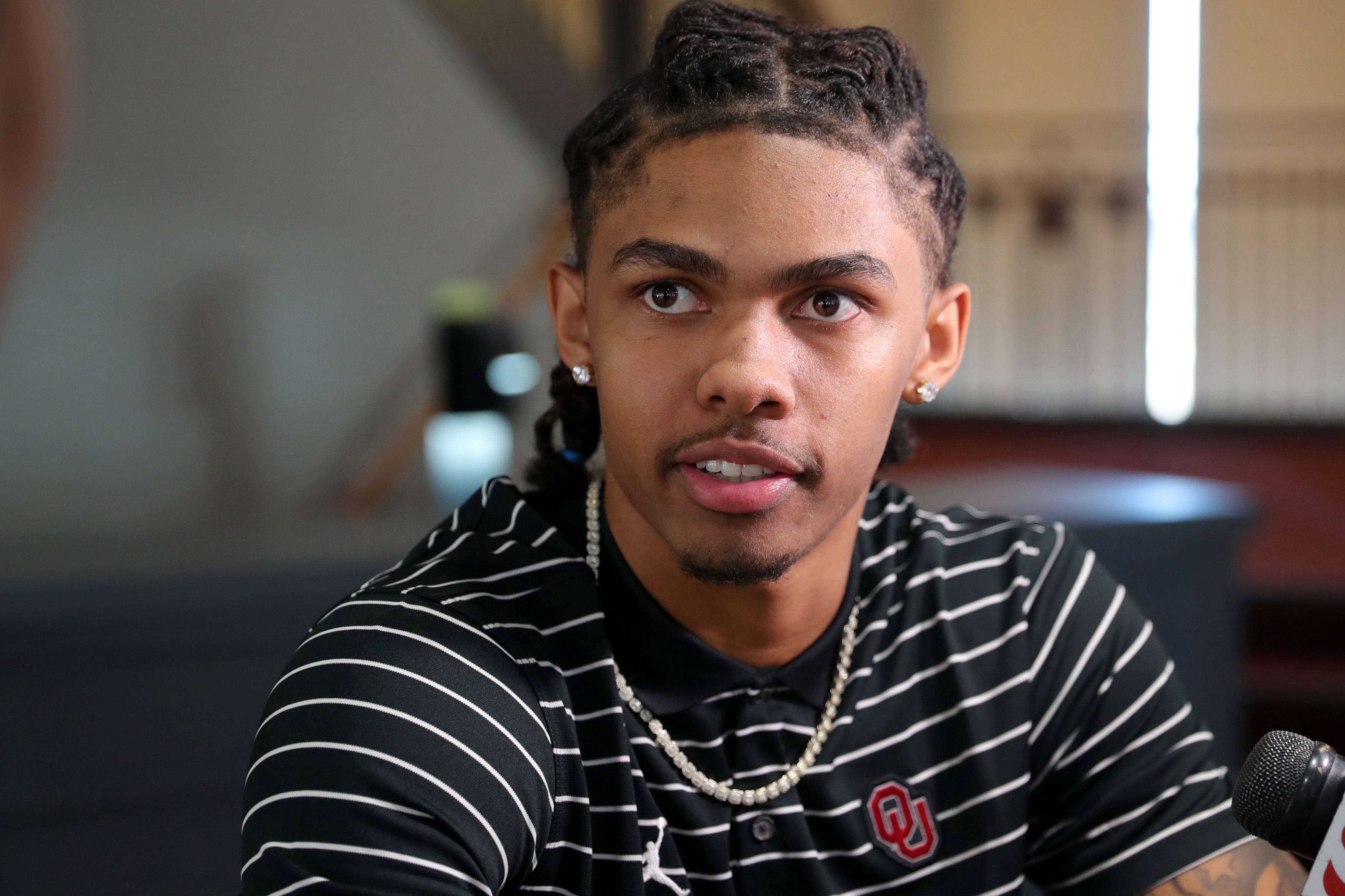 Oklahoma Sooners wide receiver Andrel Anthony speaks to media during a press conference in Norman, Okla., Thursday, Feb. 16, 2023. Ou Sooners Football