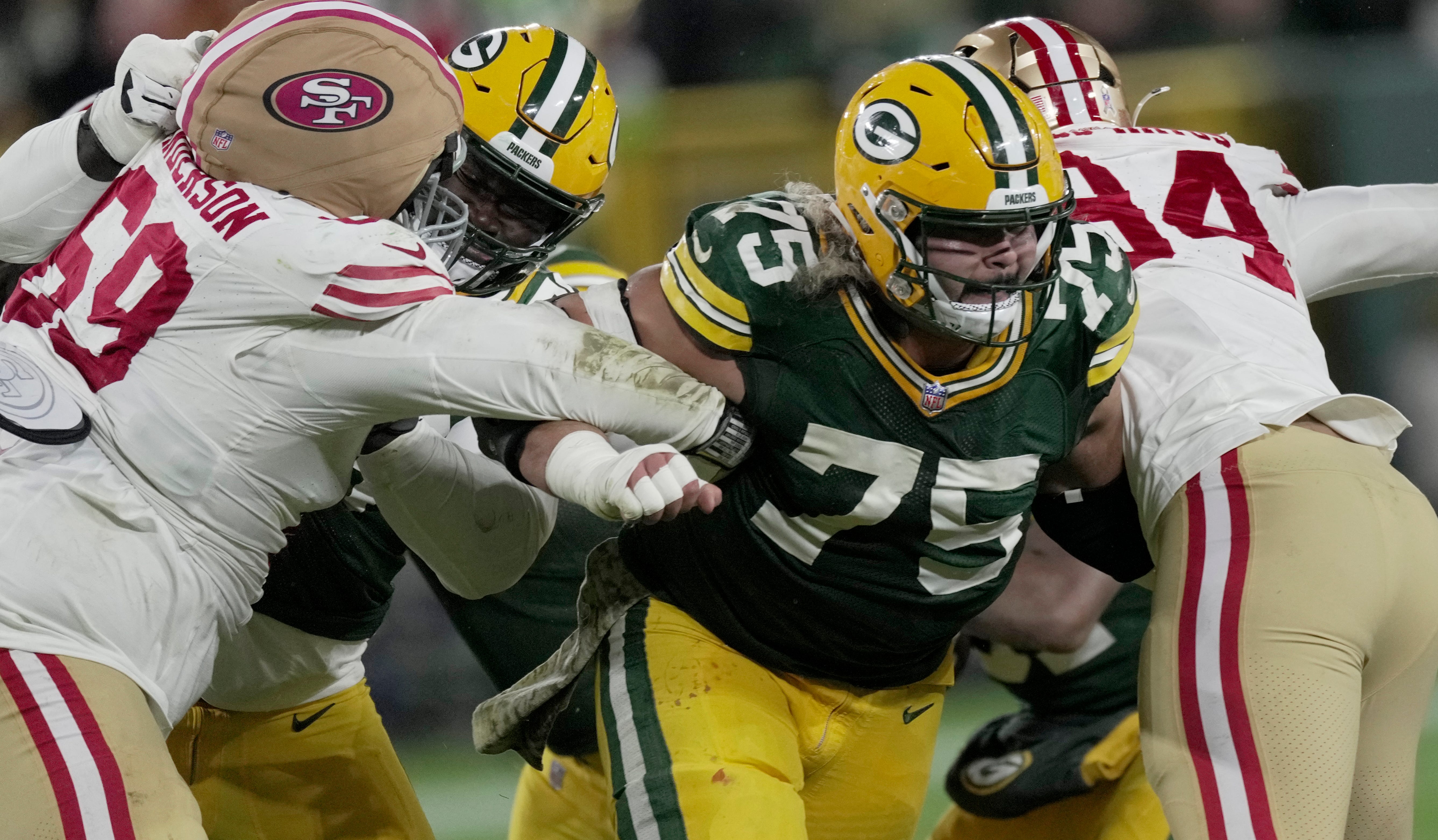 Green Bay Packers guard Sean Rhyan (75) is shown during the fourth quarter of their game Sunday, November 24, 2024 at Lambeau Field in Green Bay, Wisconsin. The Green Bay Packers beat the San Francisco 49ers 38-10.