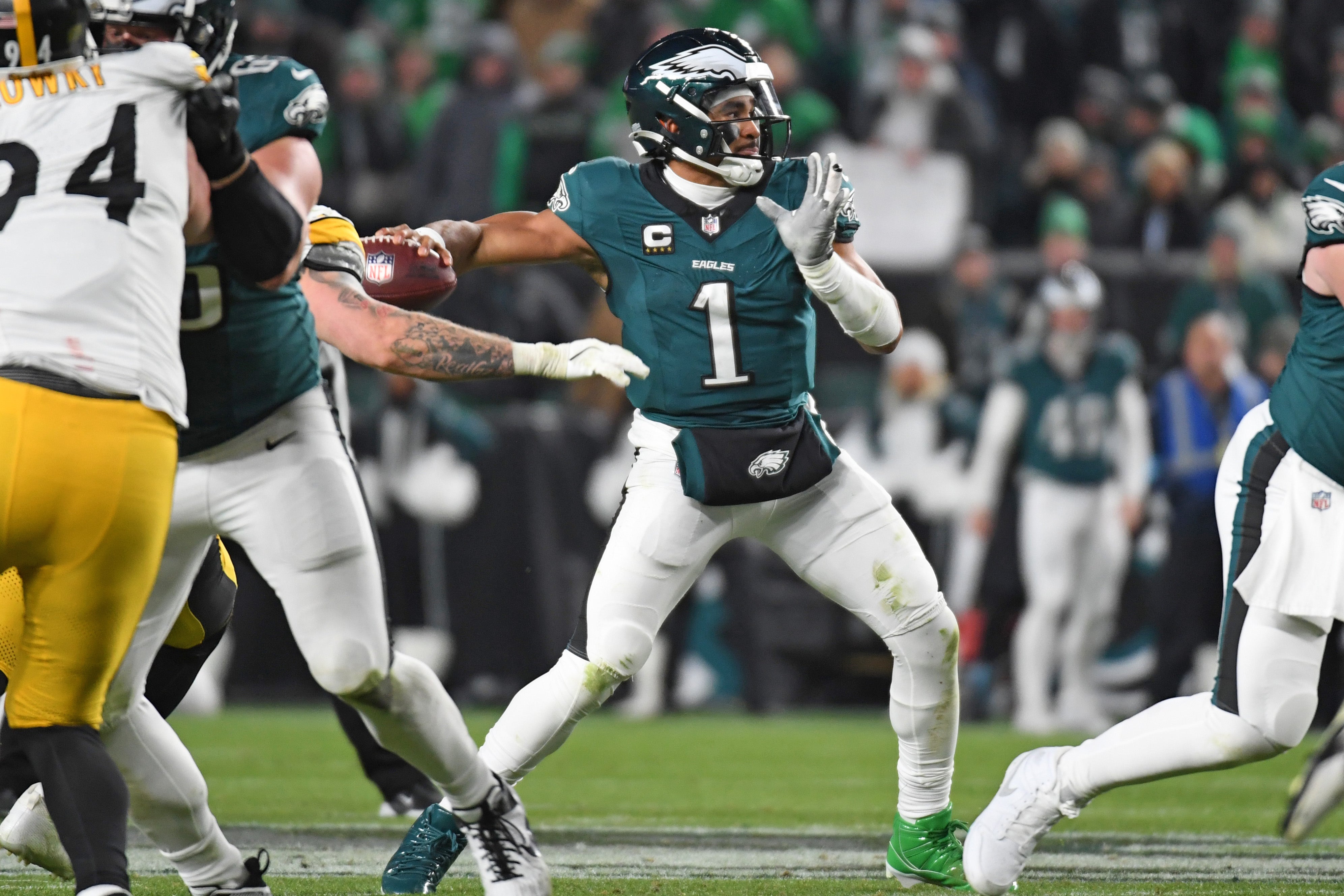 Philadelphia Eagles quarterback Jalen Hurts (1) throws a pass during the fourth quarter against the Pittsburgh Steelers at Lincoln Financial Field.