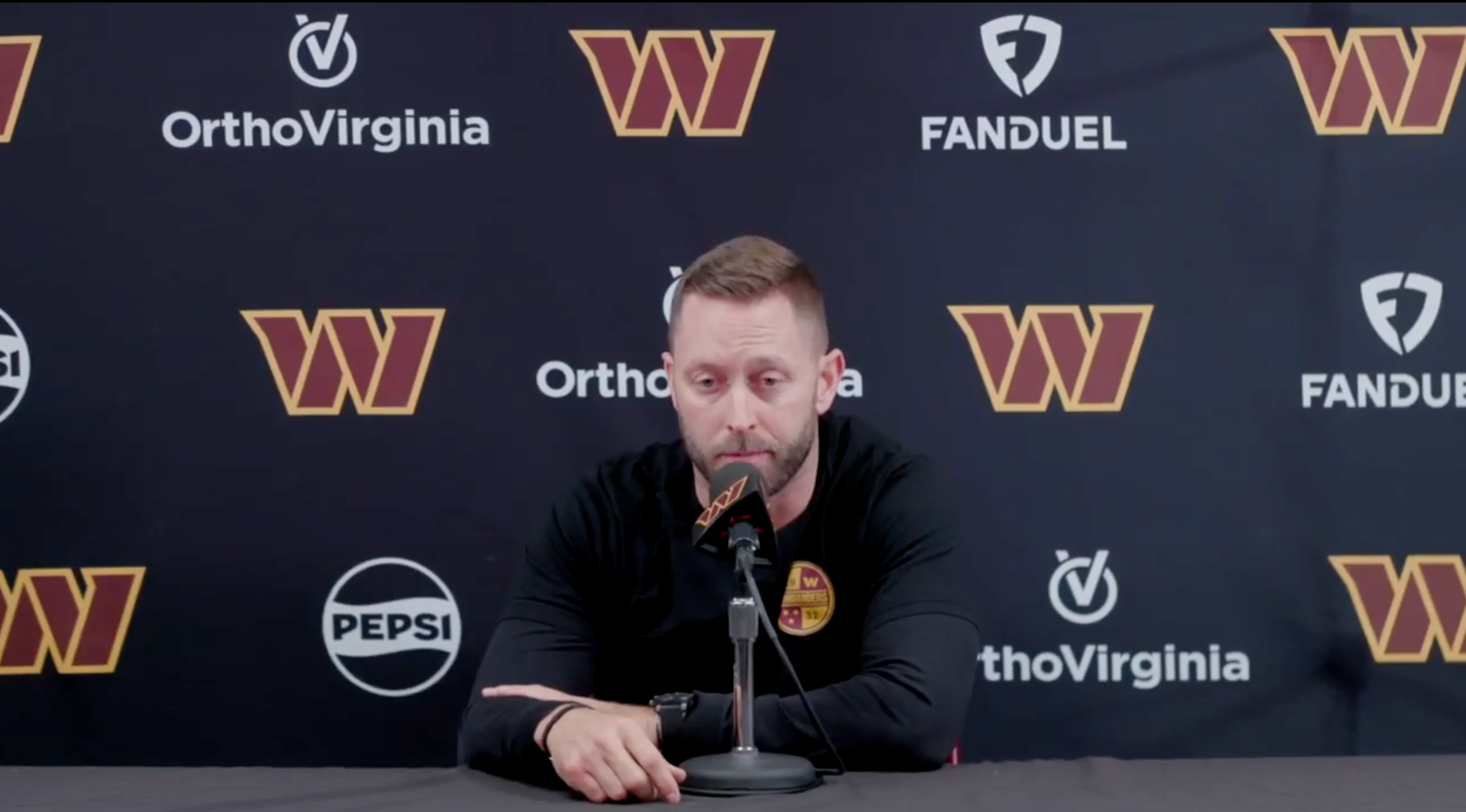 Commanders offensive coordinator Kliff Kingsbury talks to reporters before the Week 16 matchup against the Eagles.