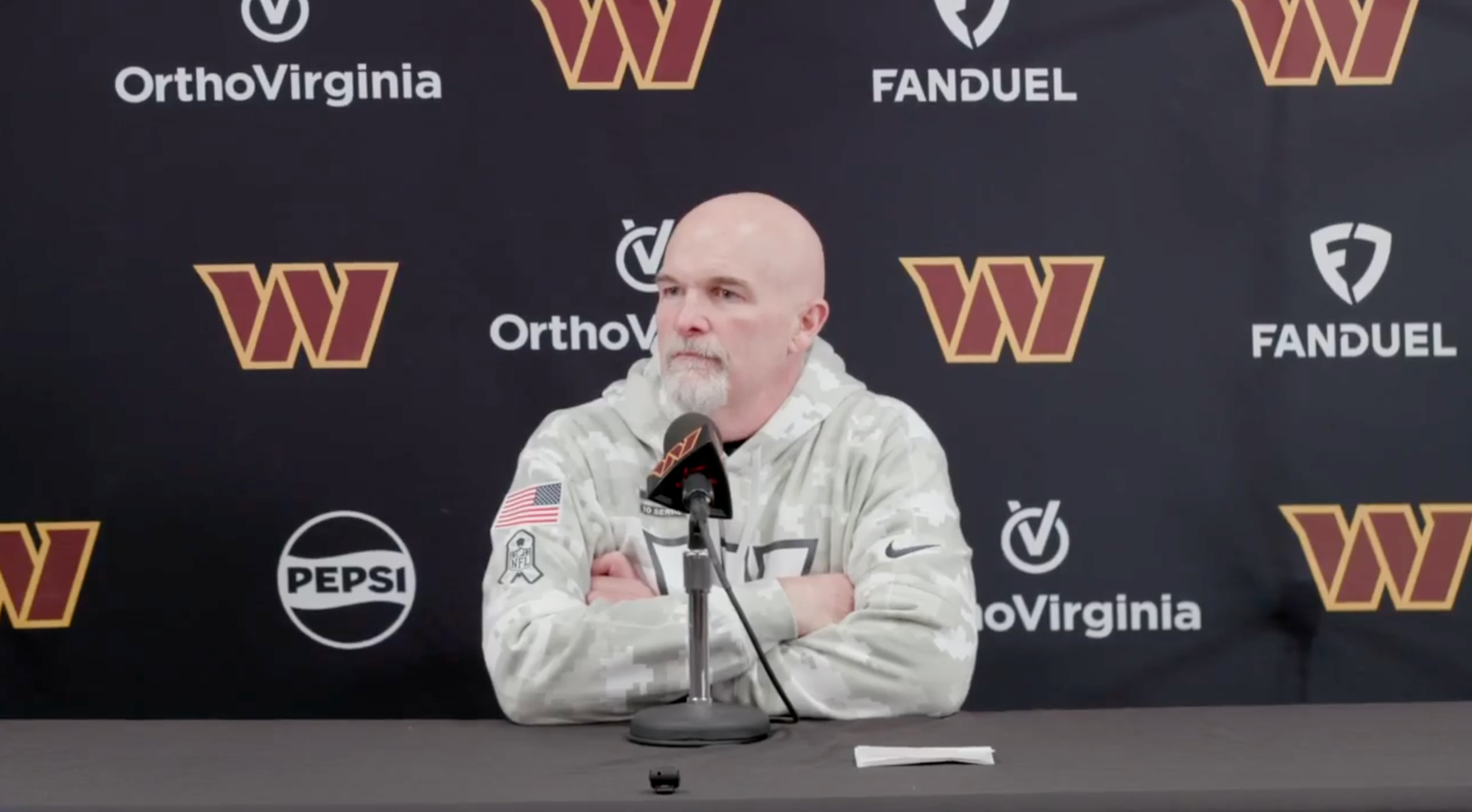 Dan Quinn talks with reporters on Friday ahead of the Commanders' game against the Eagles.