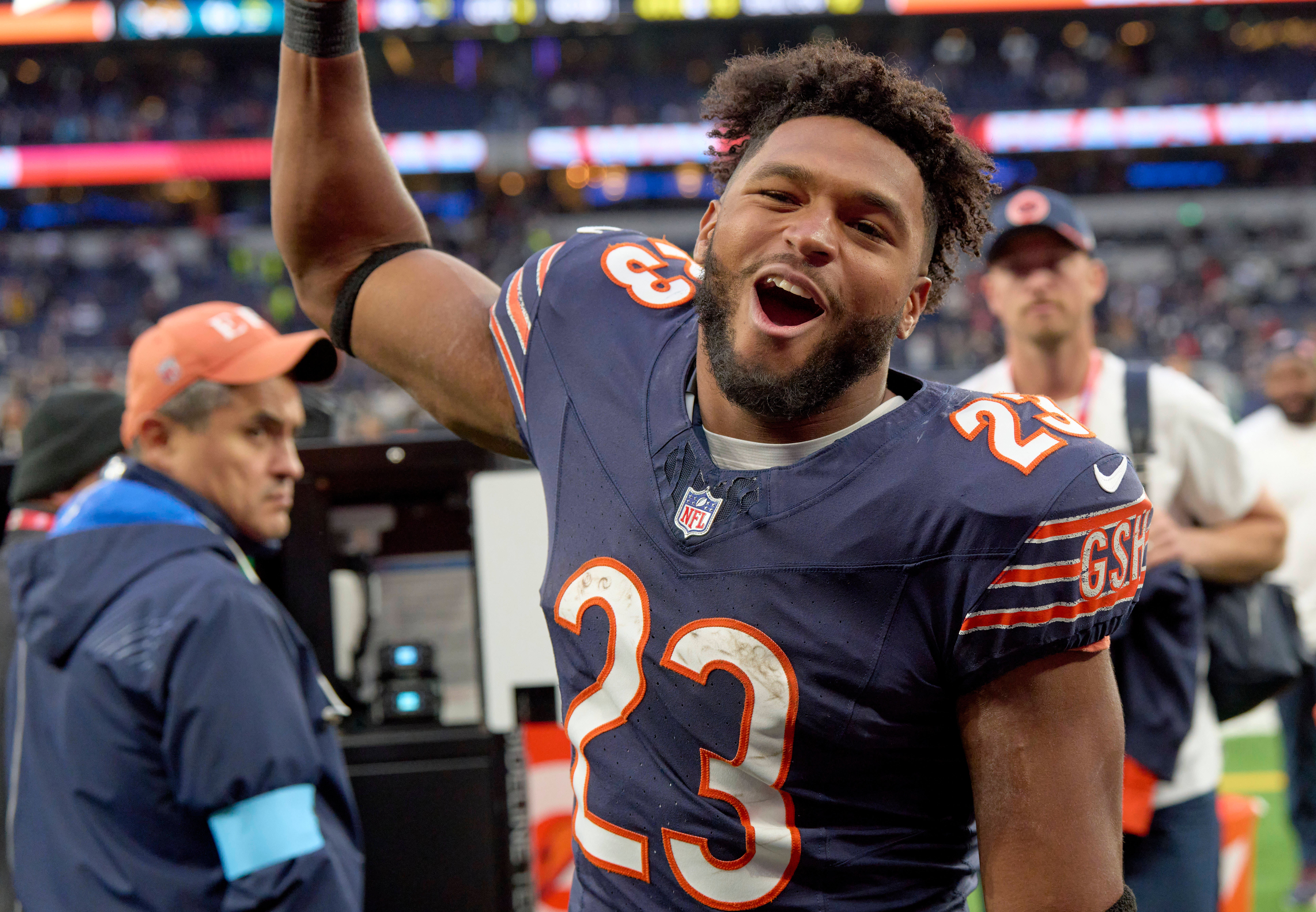 Oct 13, 2024; London, United Kingdom; Chicago Bears running back Roschon Johnson (23) after an NFL International Series game at Tottenham Hotspur Stadium.
