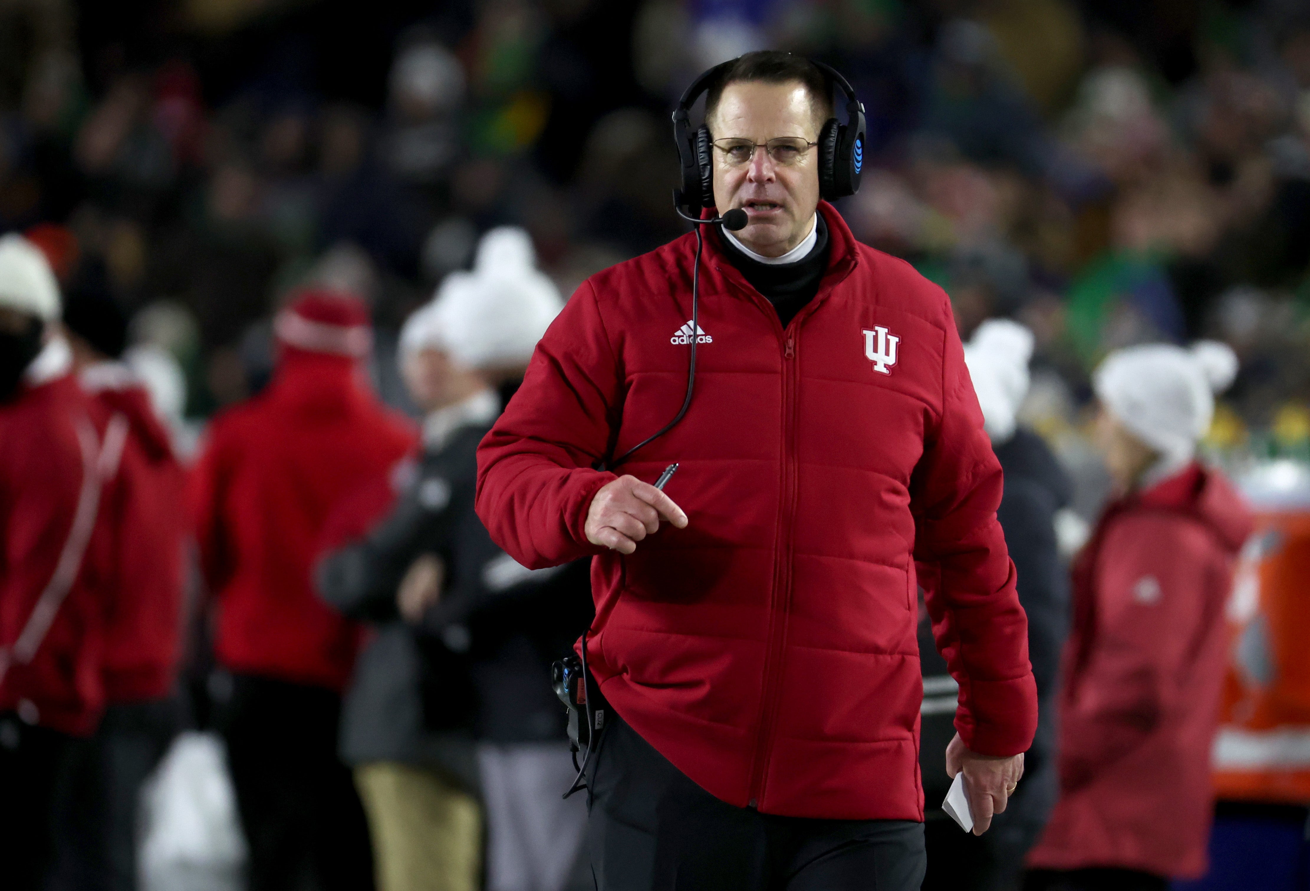 Dec 20, 2024; Notre Dame, Indiana, USA; Indiana Hoosiers head coach Curt Cignetti during the first half against the Notre Dame Fighting Irish at Notre Dame Stadium.