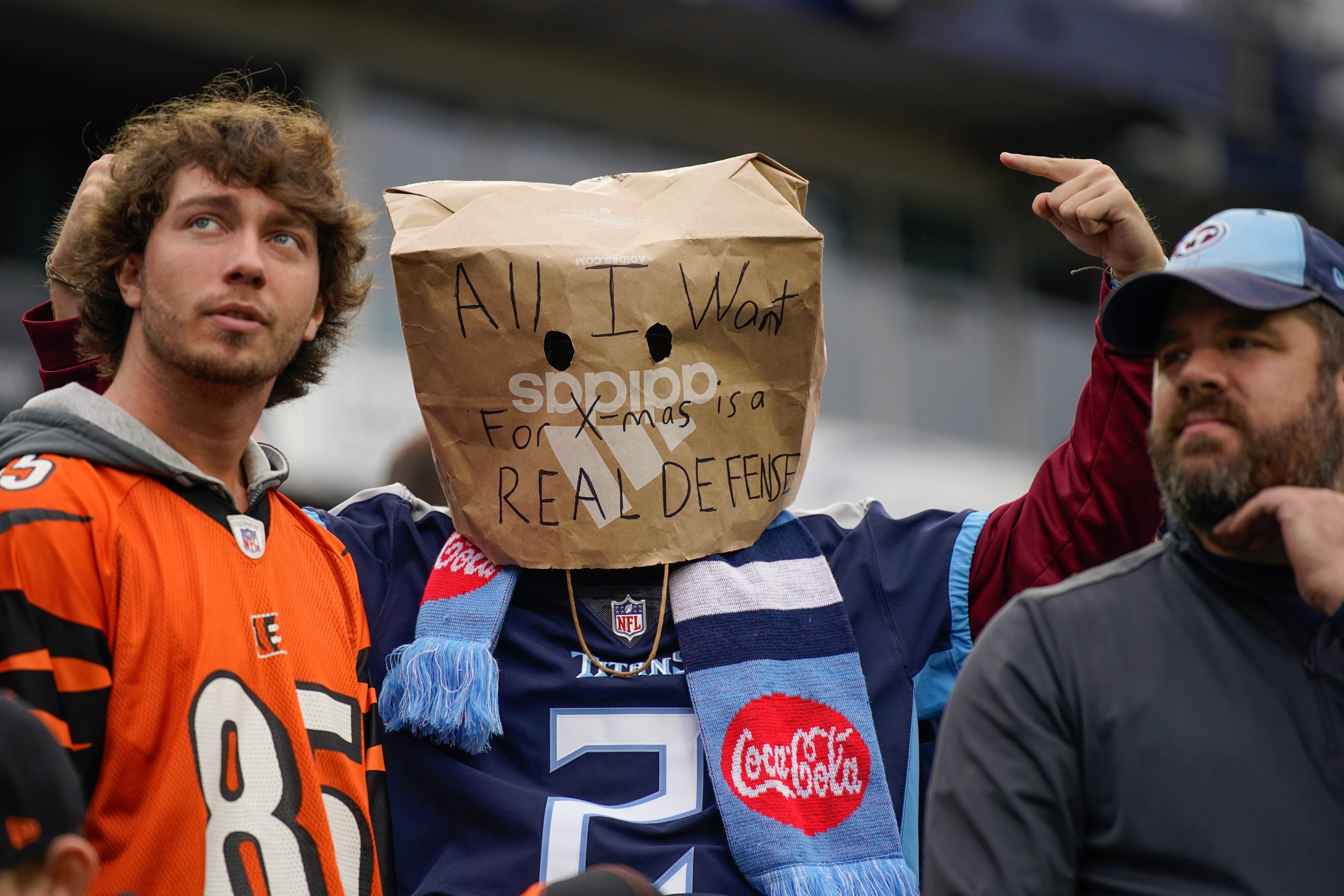 A Titans fan watches them play the Bengals during the second quarter at Nissan Stadium in Nashville, Tenn., Sunday, Dec. 15, 2024 Andrew Nelles / The Tennessean-USA TODAY NETWORK via Imagn Images