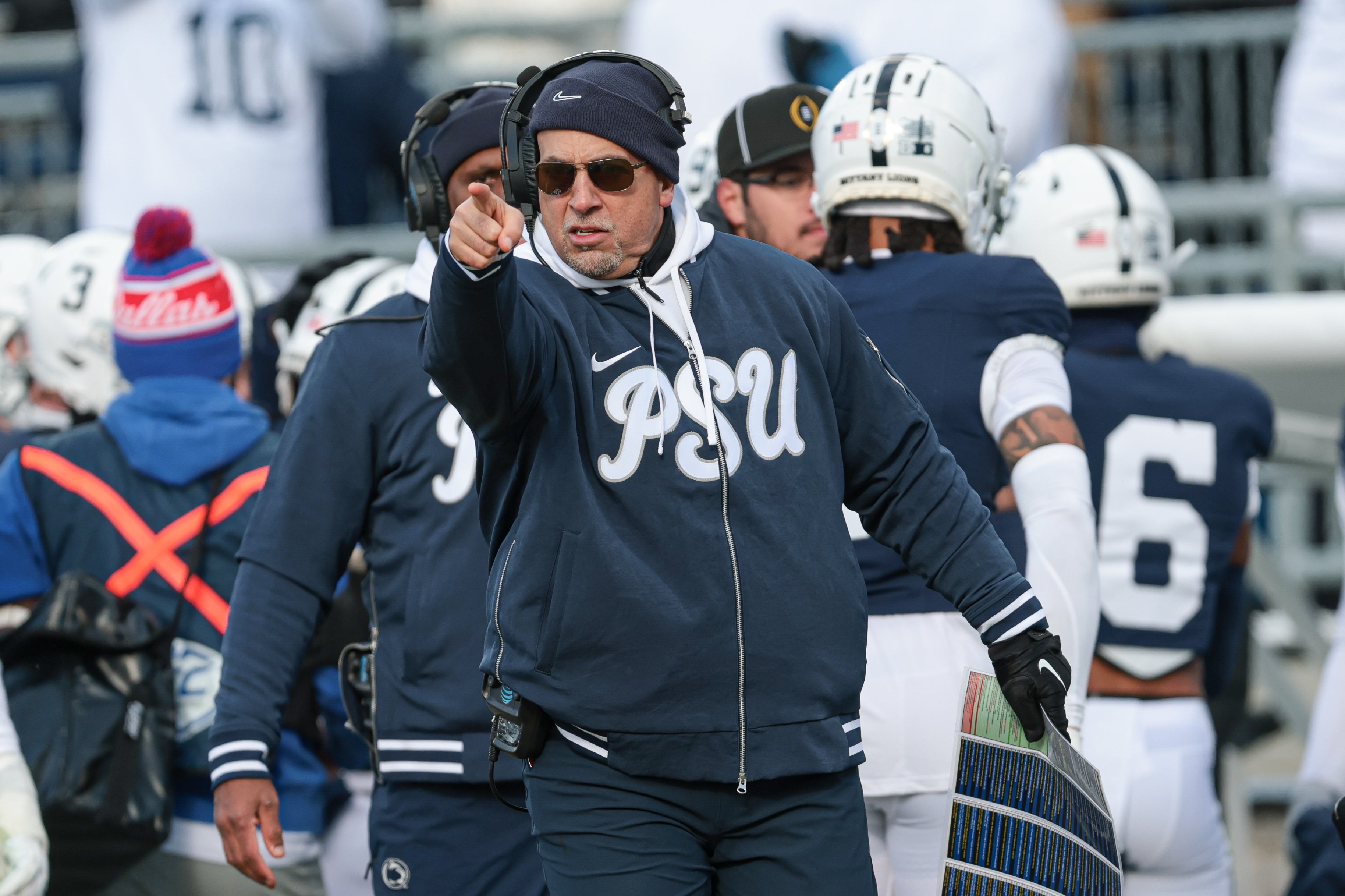 Dec 21, 2024; University Park, Pennsylvania, USA; Penn State Nittany Lions head coach James Franklin reacts during the first half against the Southern Methodist Mustangs at Beaver Stadium.