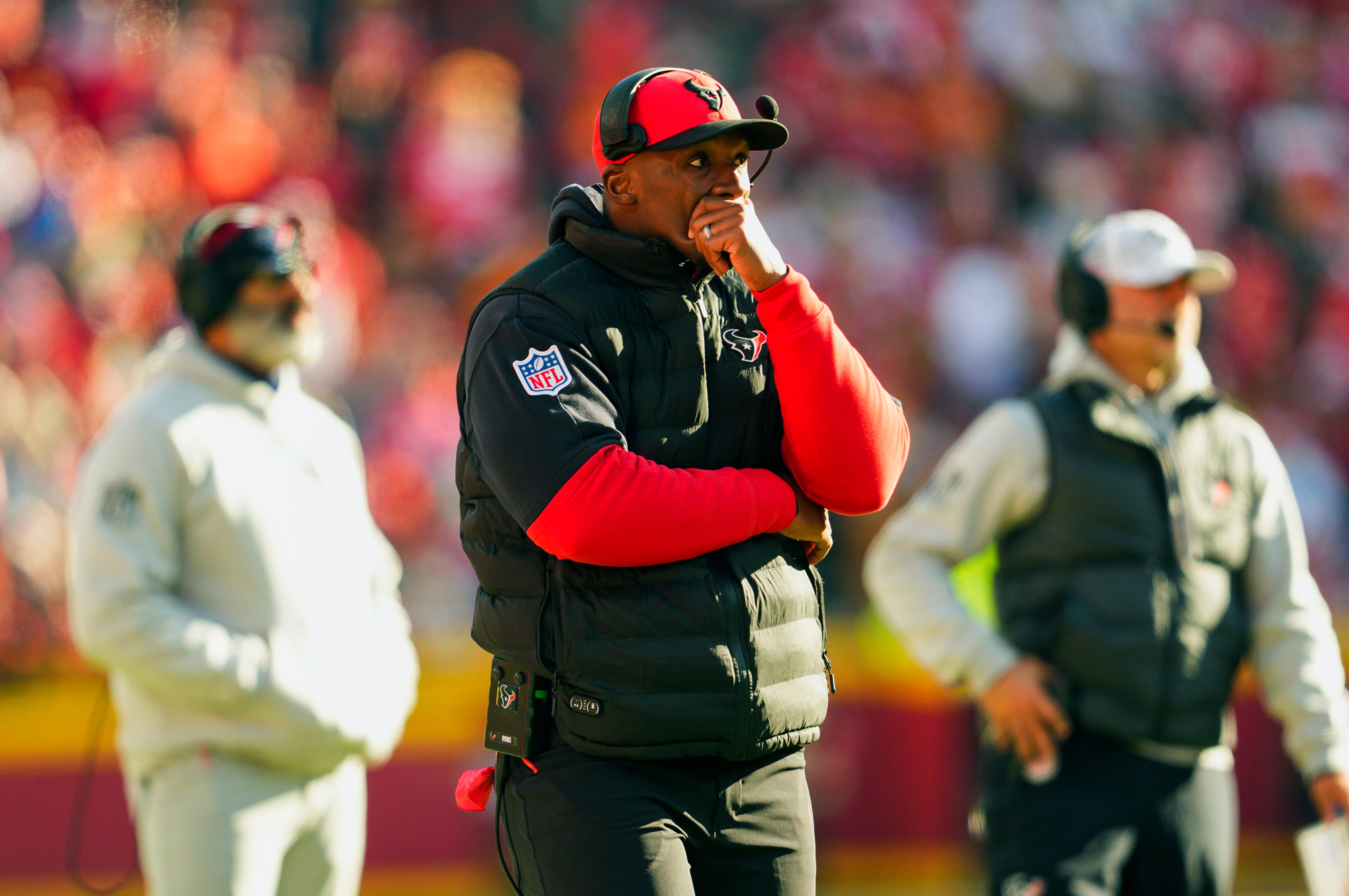 Dec 21, 2024; Kansas City, Missouri, USA; Houston Texans head coach DeMeco Ryans reacts after an injury to wide receiver Tank Dell (not pictured) during the second half against the Kansas City Chiefs at GEHA Field at Arrowhead Stadium.