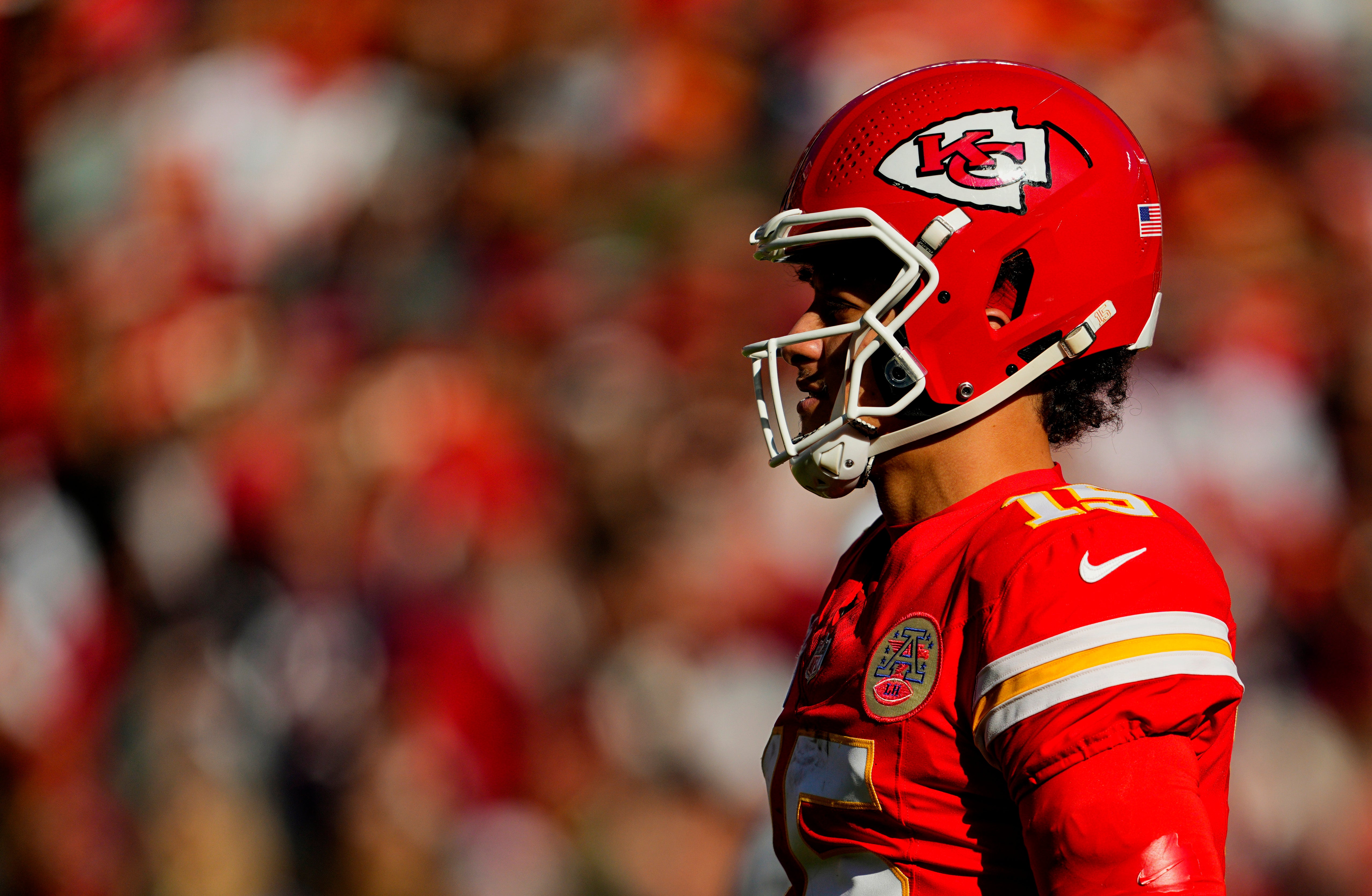 Dec 21, 2024; Kansas City, Missouri, USA; Kansas City Chiefs quarterback Patrick Mahomes (15) reacts during the first half against the Houston Texans at GEHA Field at Arrowhead Stadium.