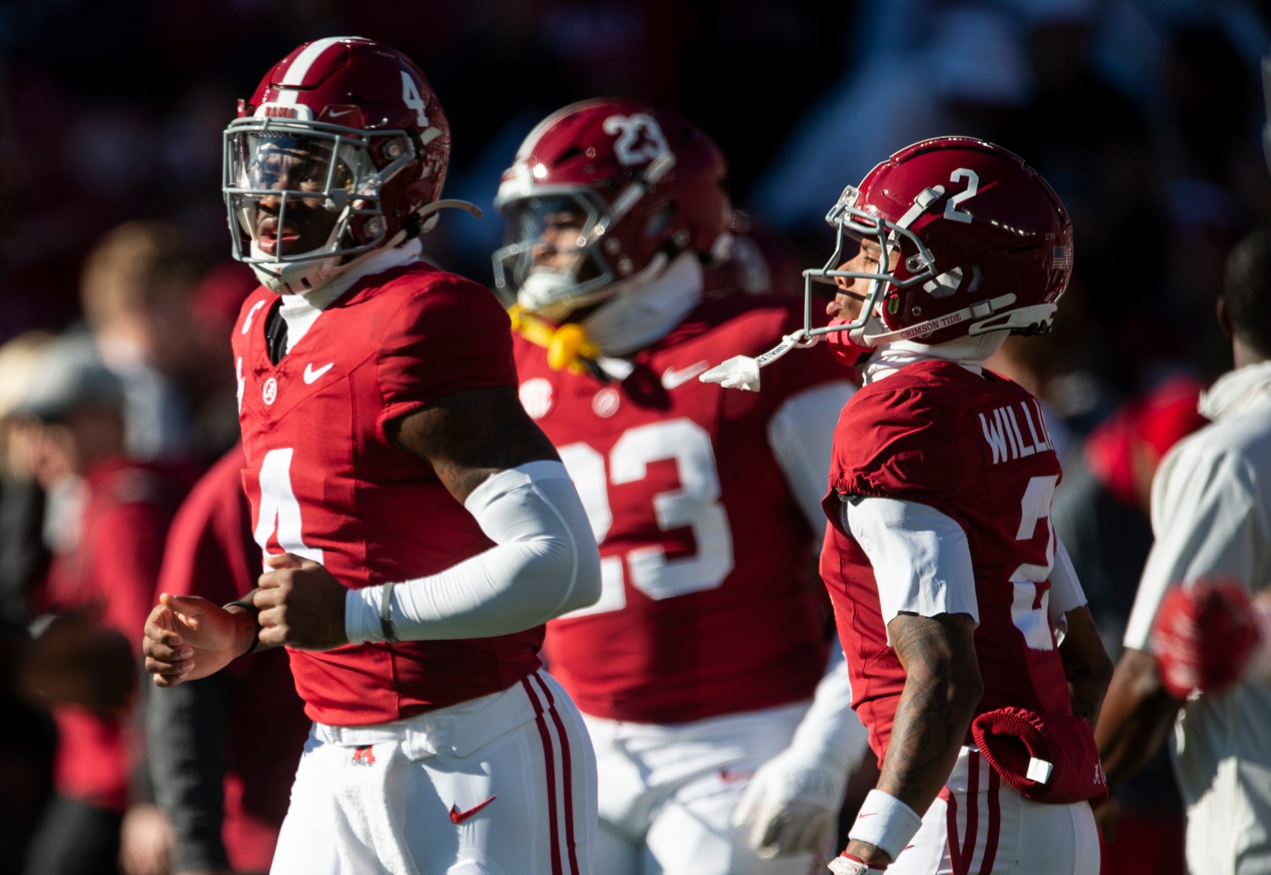 Alabama Crimson Tide quarterback Jalen Milroe (4) and wide receiver Ryan Williams (2) take the field during warm ups as Auburn Tigers take on Alabama Crimson Tide at Bryant-Denny Stadium in Tuscaloosa, Ala., on Saturday, Nov. 30, 2024.