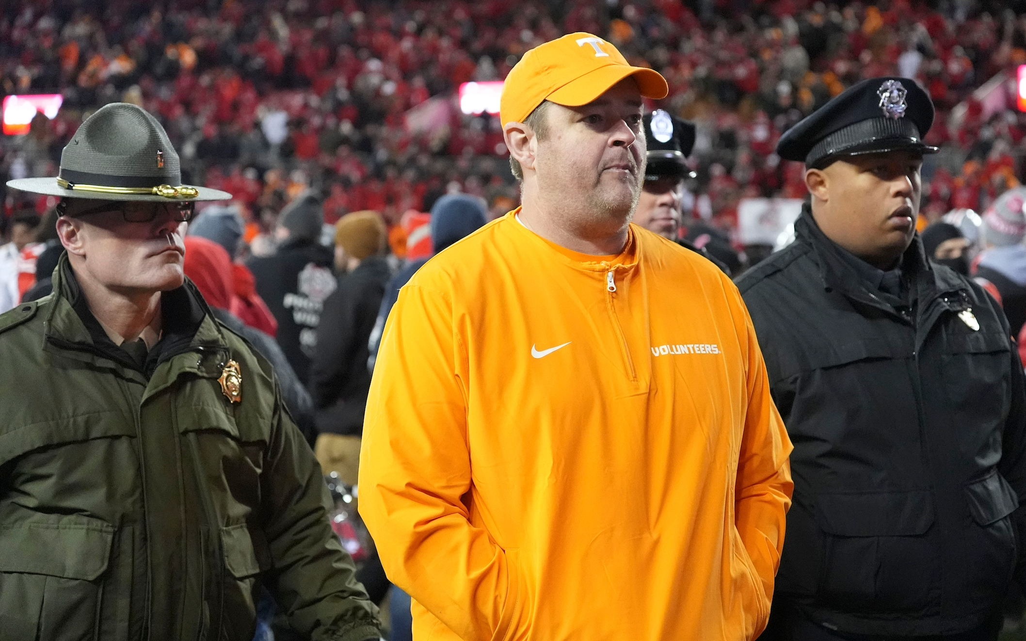 Tennessee football coach Josh Heupel walks off the field after the loss to Ohio State after their NCAA college football playoff game on Saturday, Dec. 21, 2024, in Columbus, Ohio.