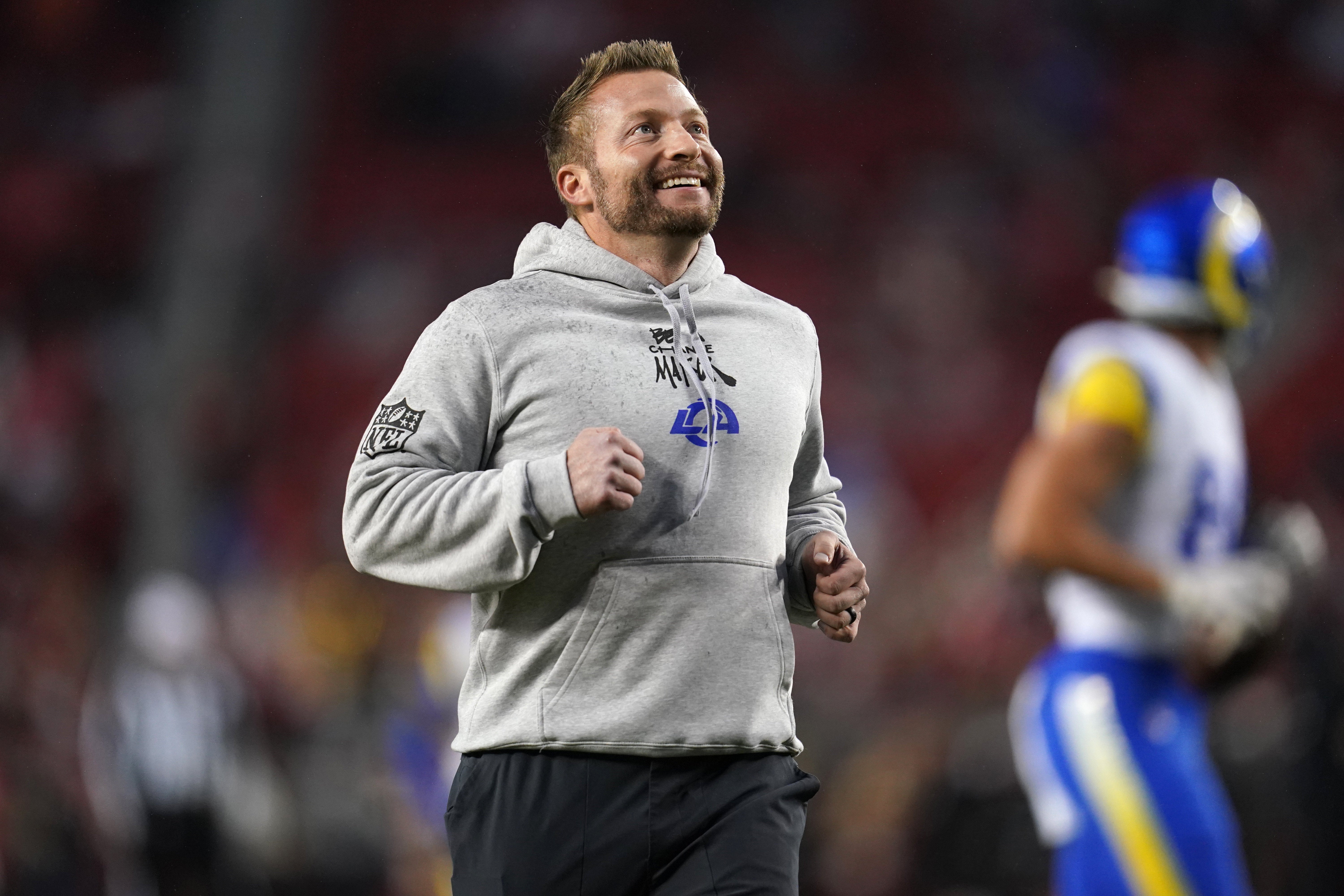 Los Angeles Rams head coach Sean McVay jogs on the field before the start of the game against the San Francisco 49ers at Levi's Stadium.