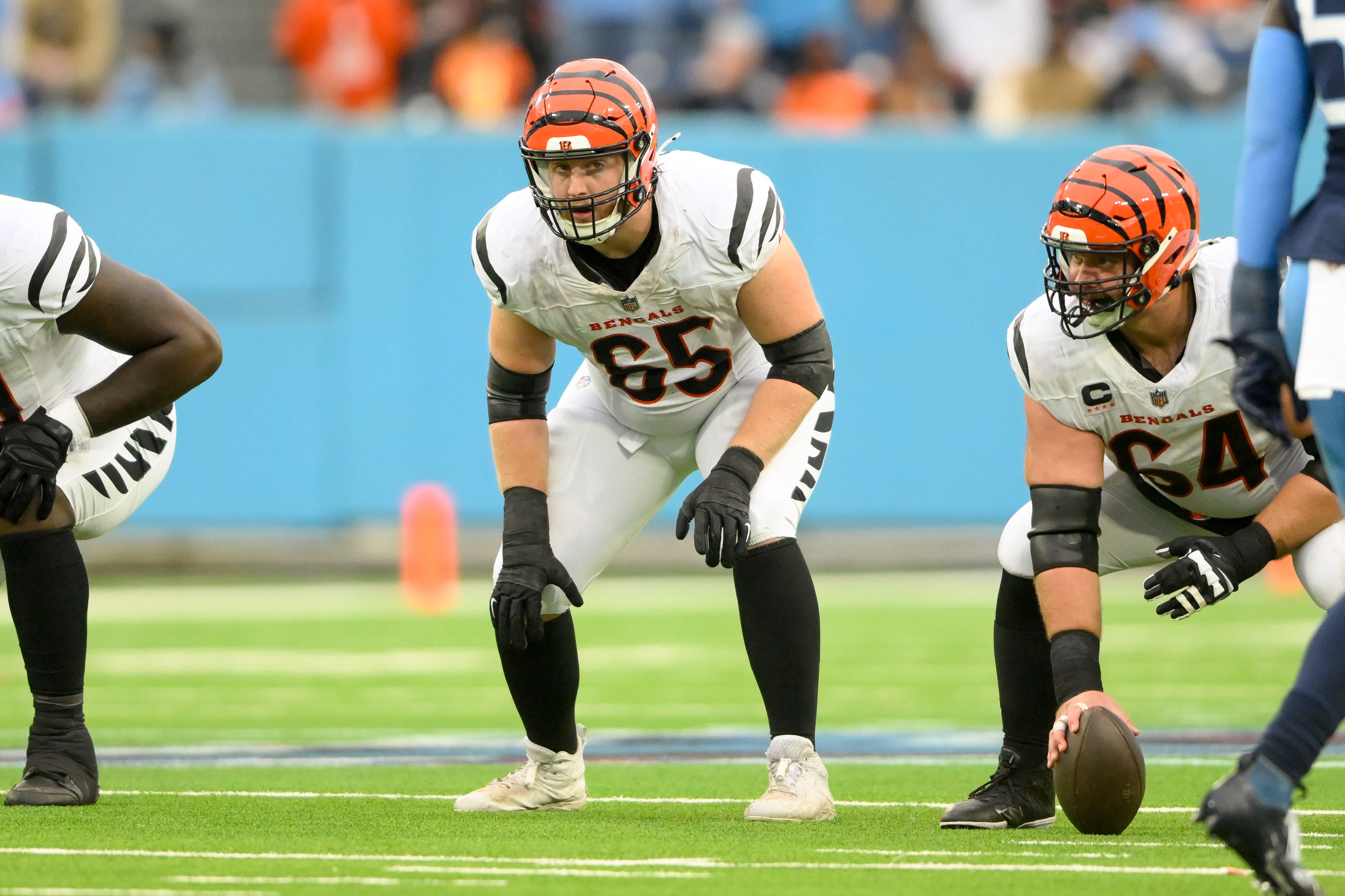 Dec 15, 2024; Nashville, Tennessee, USA; Cincinnati Bengals guard Alex Cappa (65) in his stance against the Tennessee Titans during the first half at Nissan Stadium.