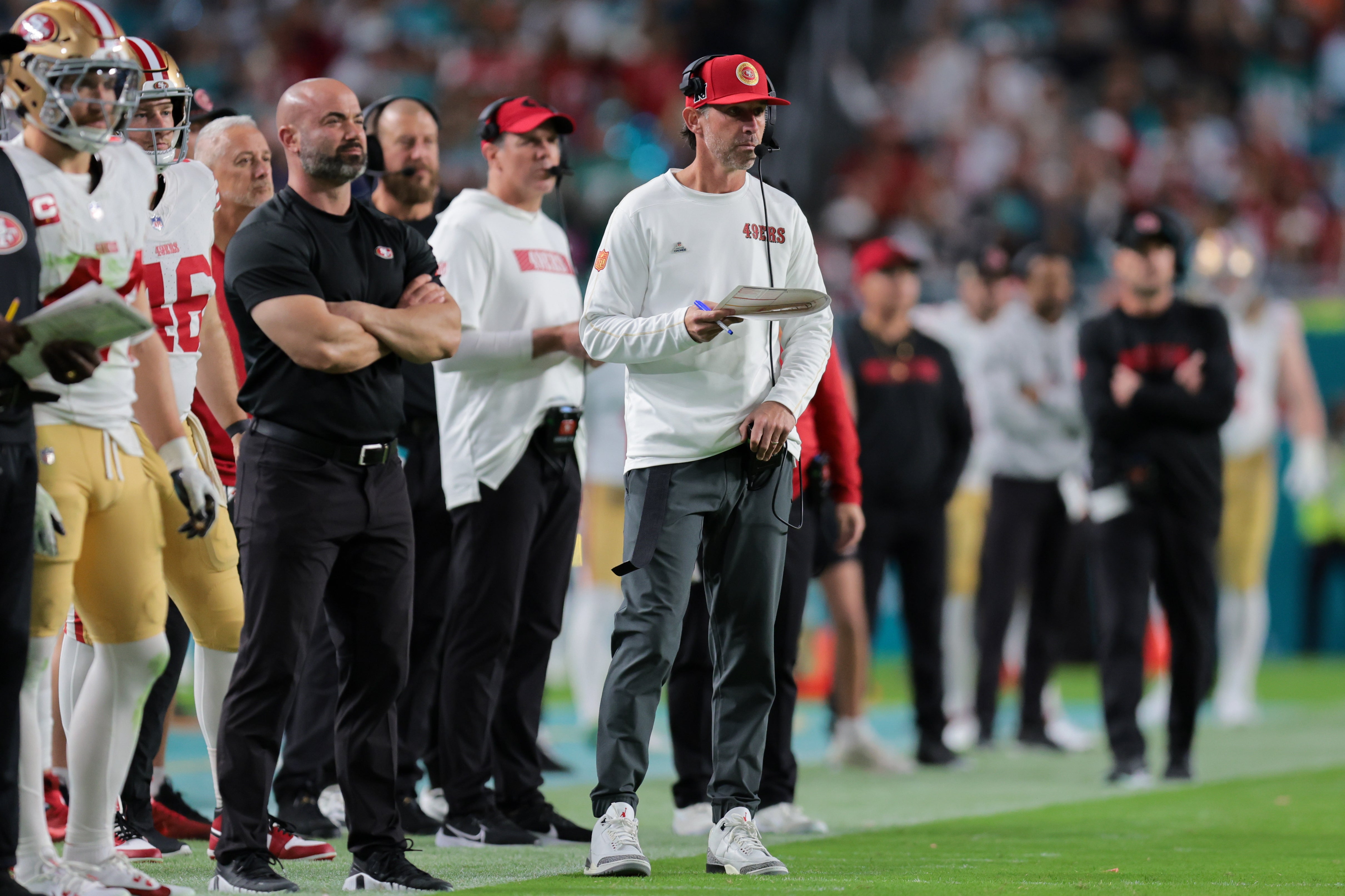 San Francisco 49ers head coach Kyle Shanahan watches from the sideline against the Miami Dolphins during the fourth quarter at Hard Rock Stadium.