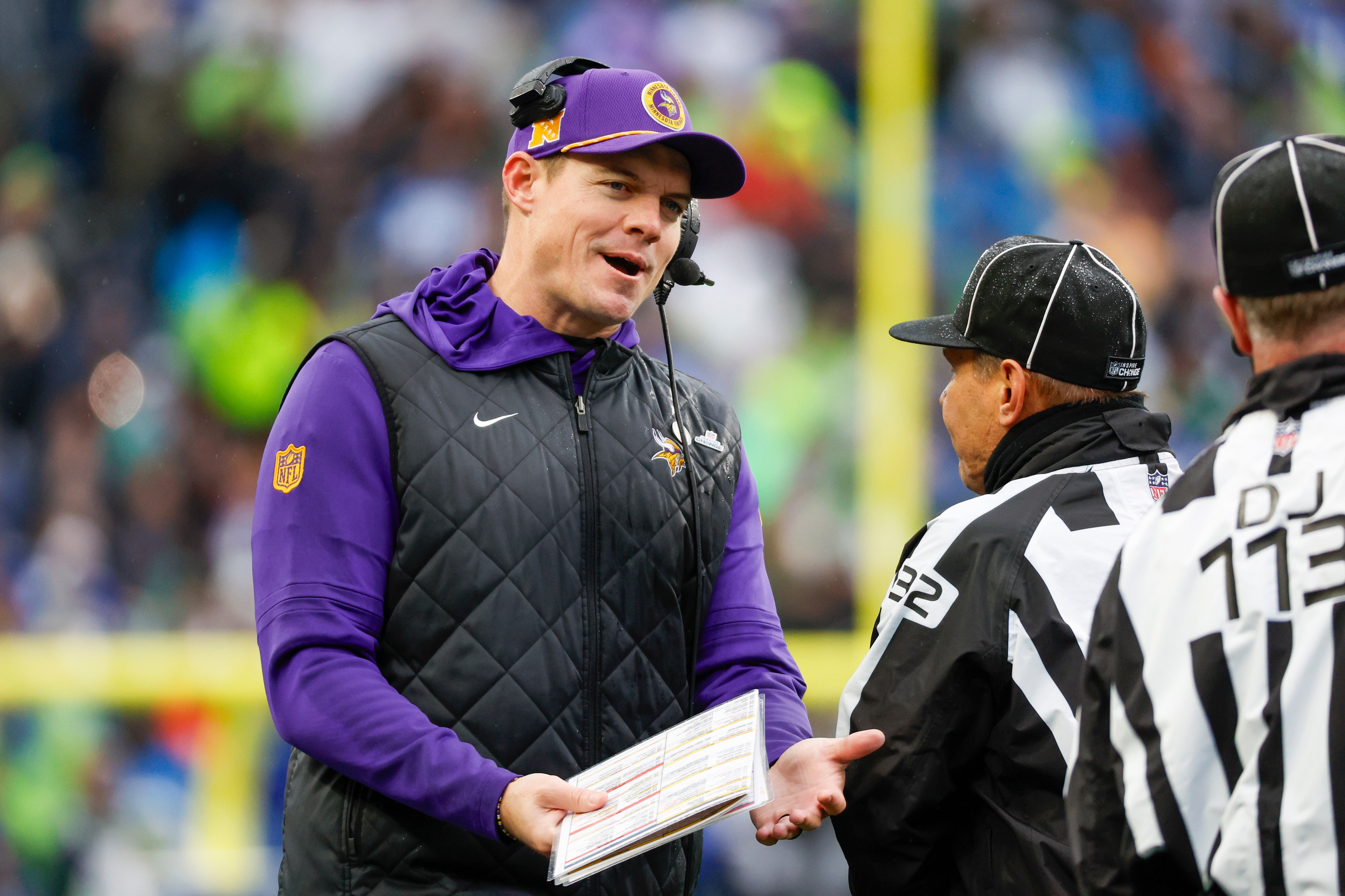 Dec 22, 2024; Seattle, Washington, USA; Minnesota Vikings head coach Kevin O'Connell reacts to a penalty for the Seattle Seahawks during the second quarter at Lumen Field.