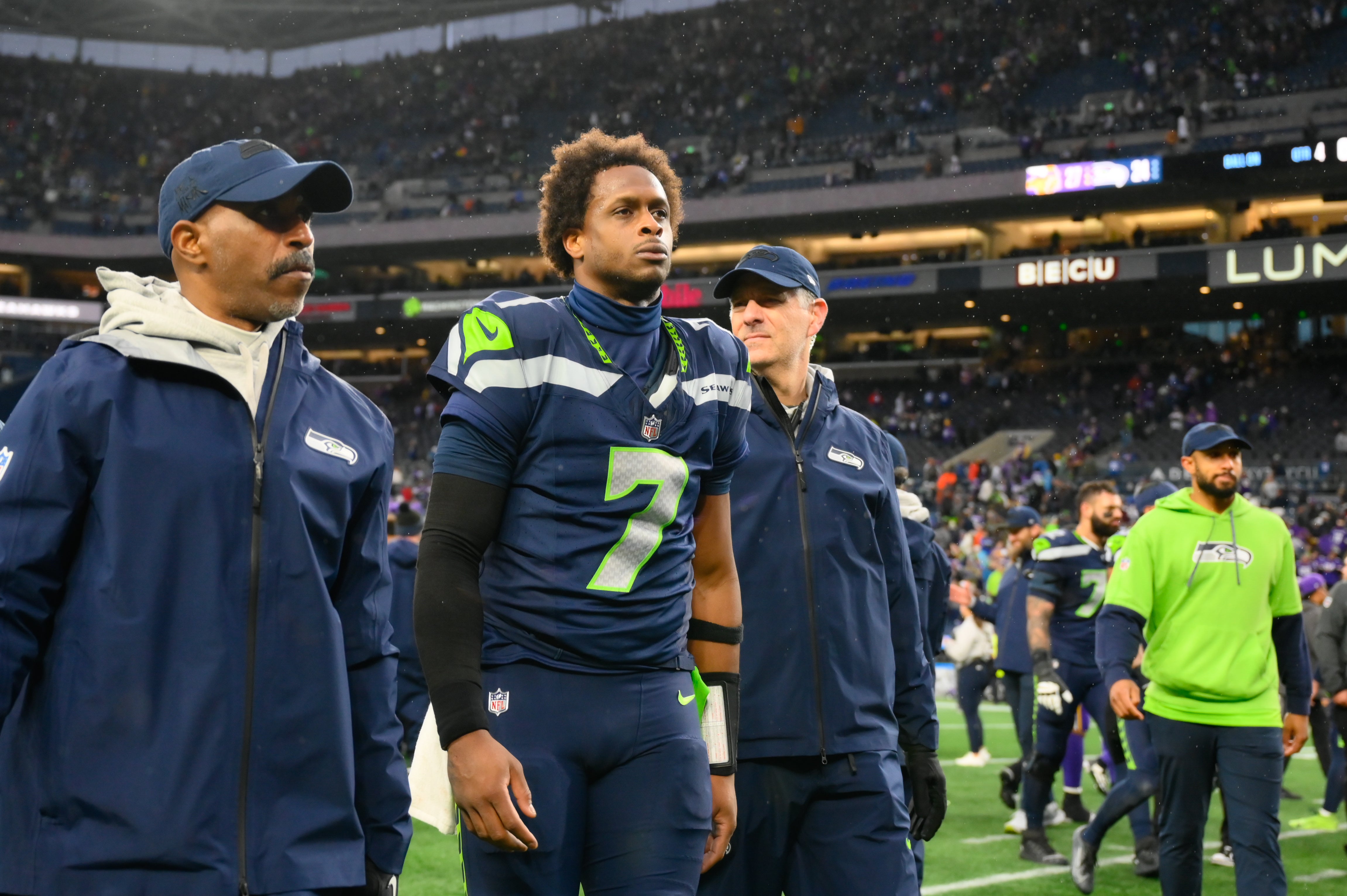 Seattle Seahawks quarterback Geno Smith (7) walks off the field after the game against the Minnesota Vikings at Lumen Field.