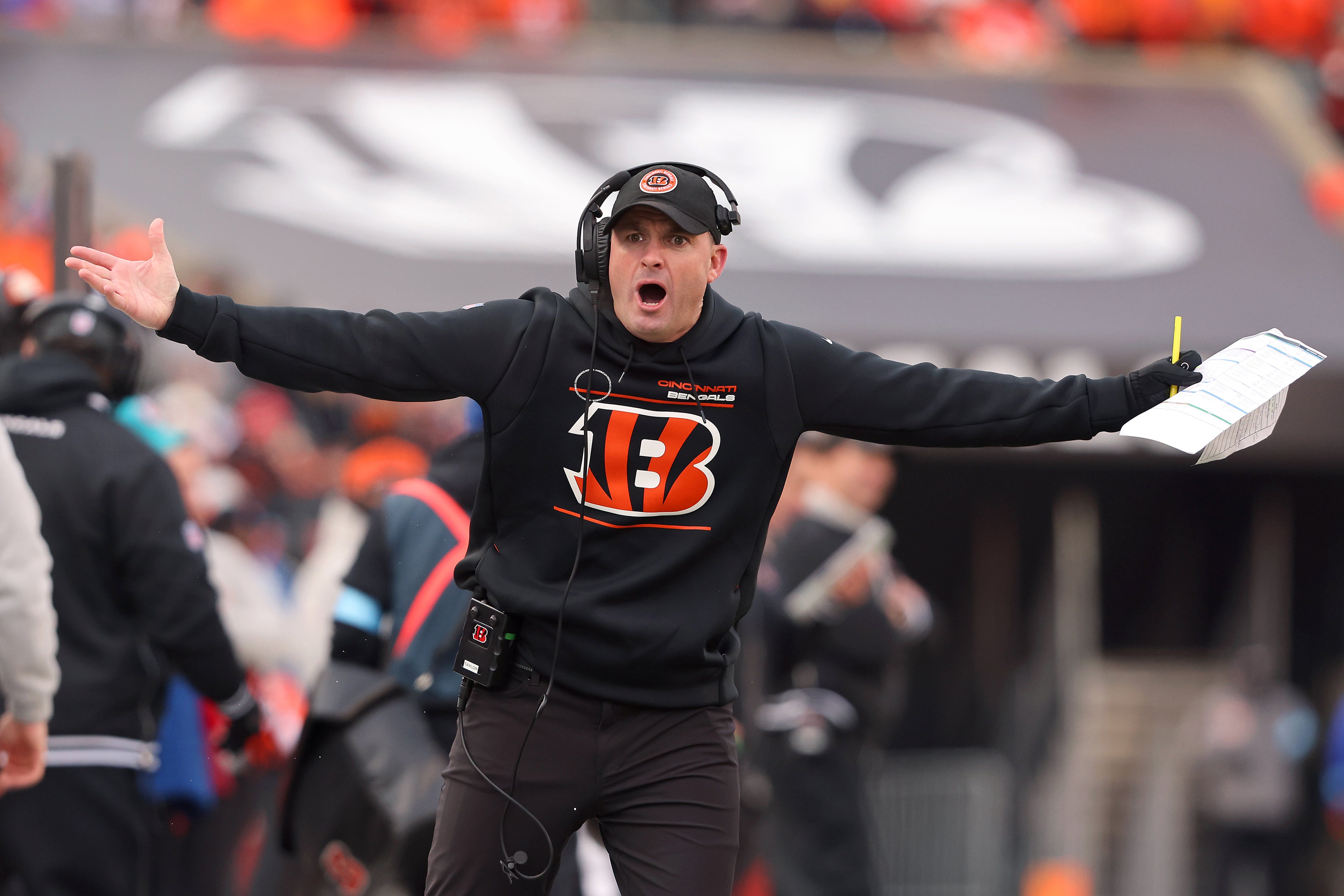 Dec 22, 2024; Cincinnati, Ohio, USA; Cincinnati Bengals head coach Zac Taylor reacts to an interference call during the third quarter against the Cleveland Browns at Paycor Stadium.