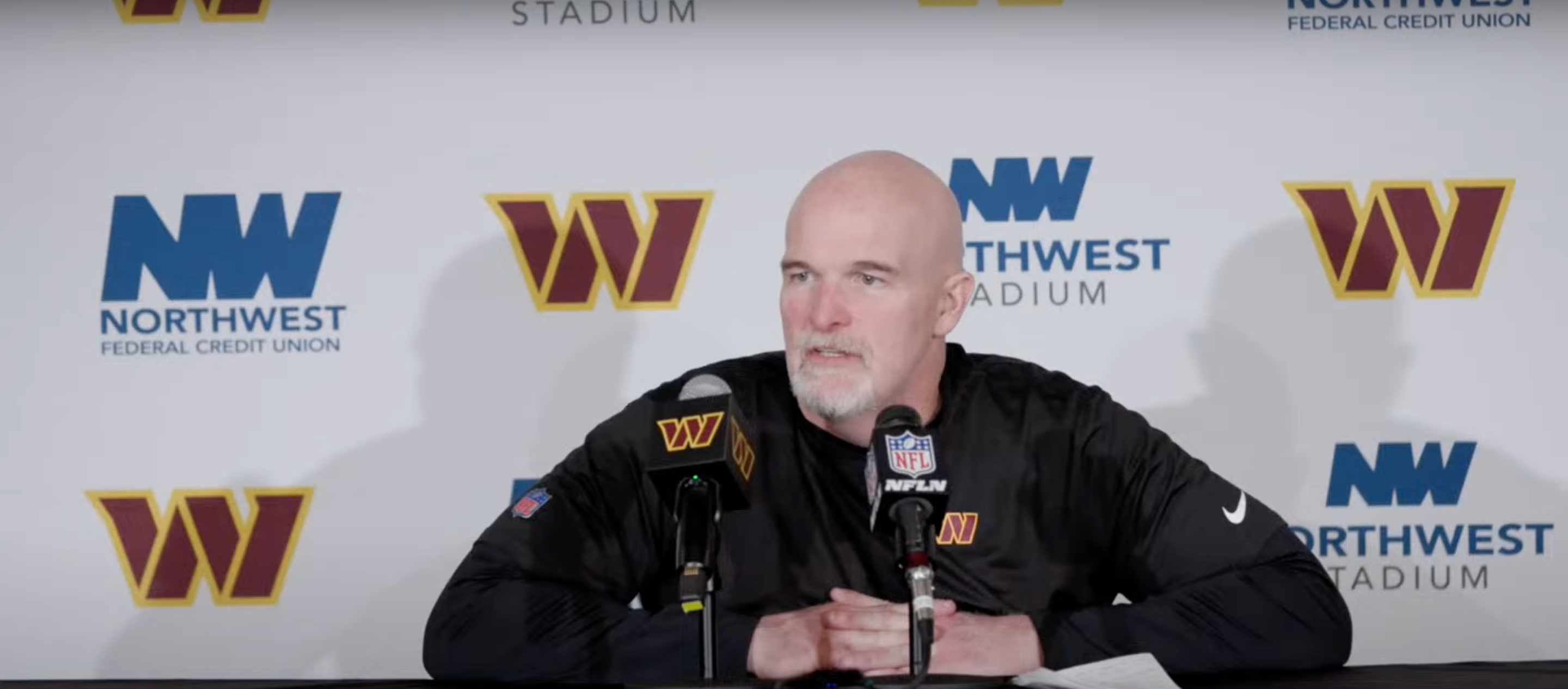 Dan Quinn talks to reporters after the Commanders' huge win over the Eagles.