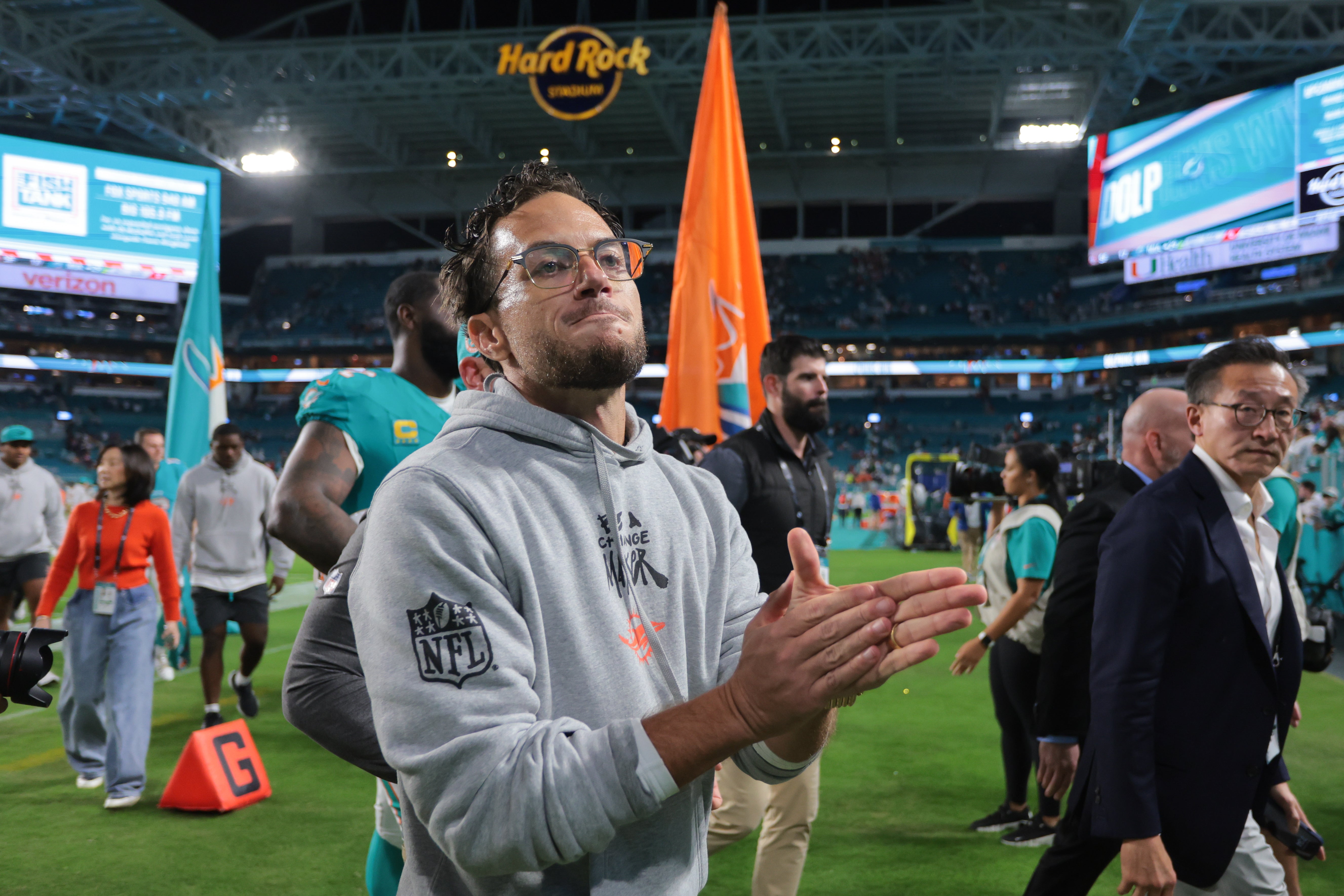 Dec 22, 2024; Miami Gardens, Florida, USA; Miami Dolphins head coach Mike McDaniel reacts on the field after the game against the San Francisco 49ers at Hard Rock Stadium.
