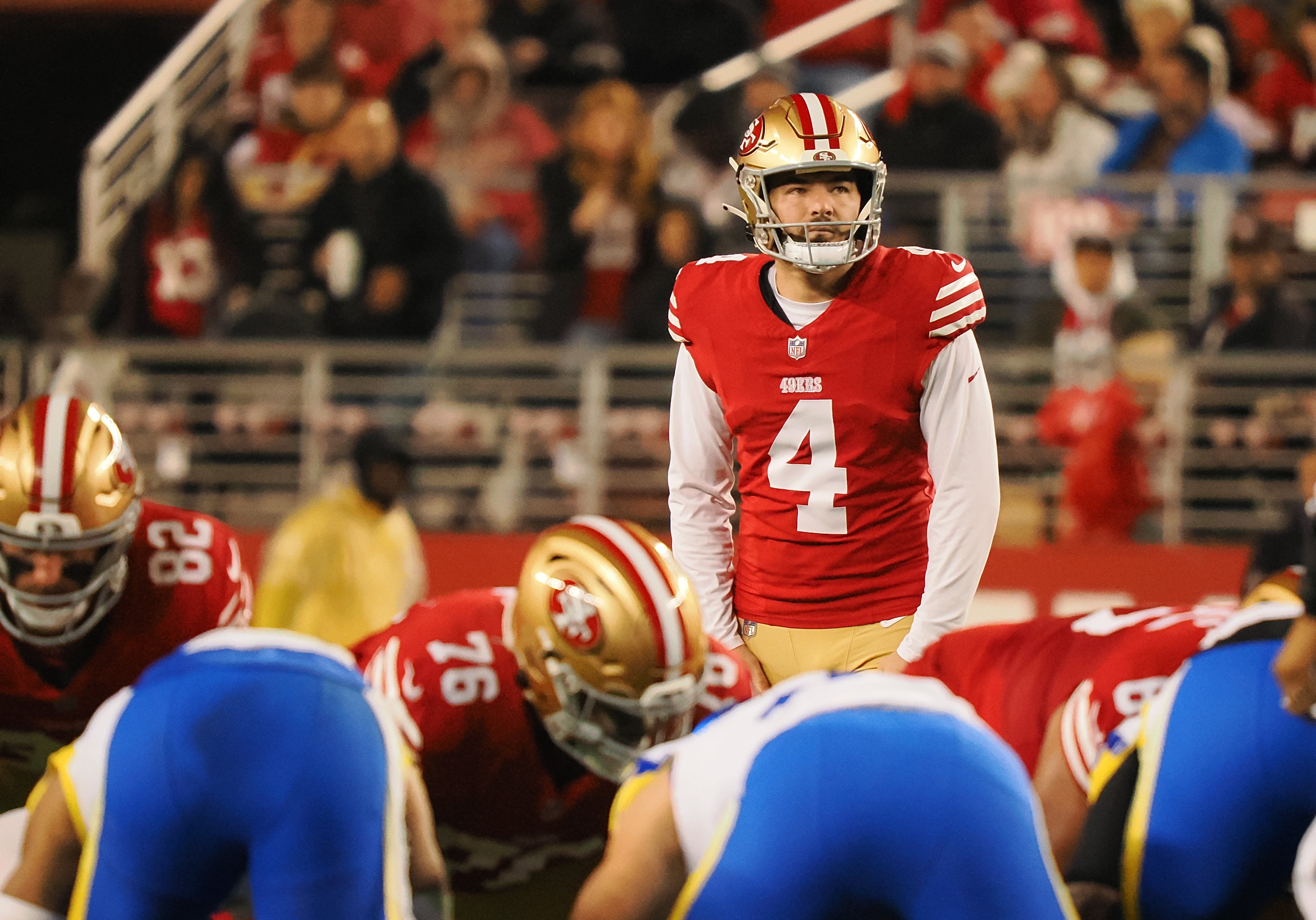 San Francisco 49ers kicker Jake Moody (4) prepares for a 50-yard field goal against the Los Angeles Rams during the first quarter at Levi's Stadium.