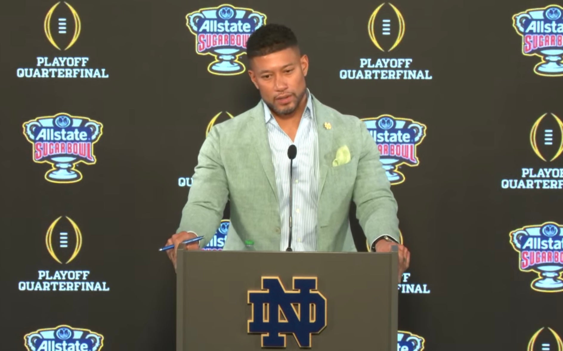 Notre Dame HC Marcus Freeman speaks to the media