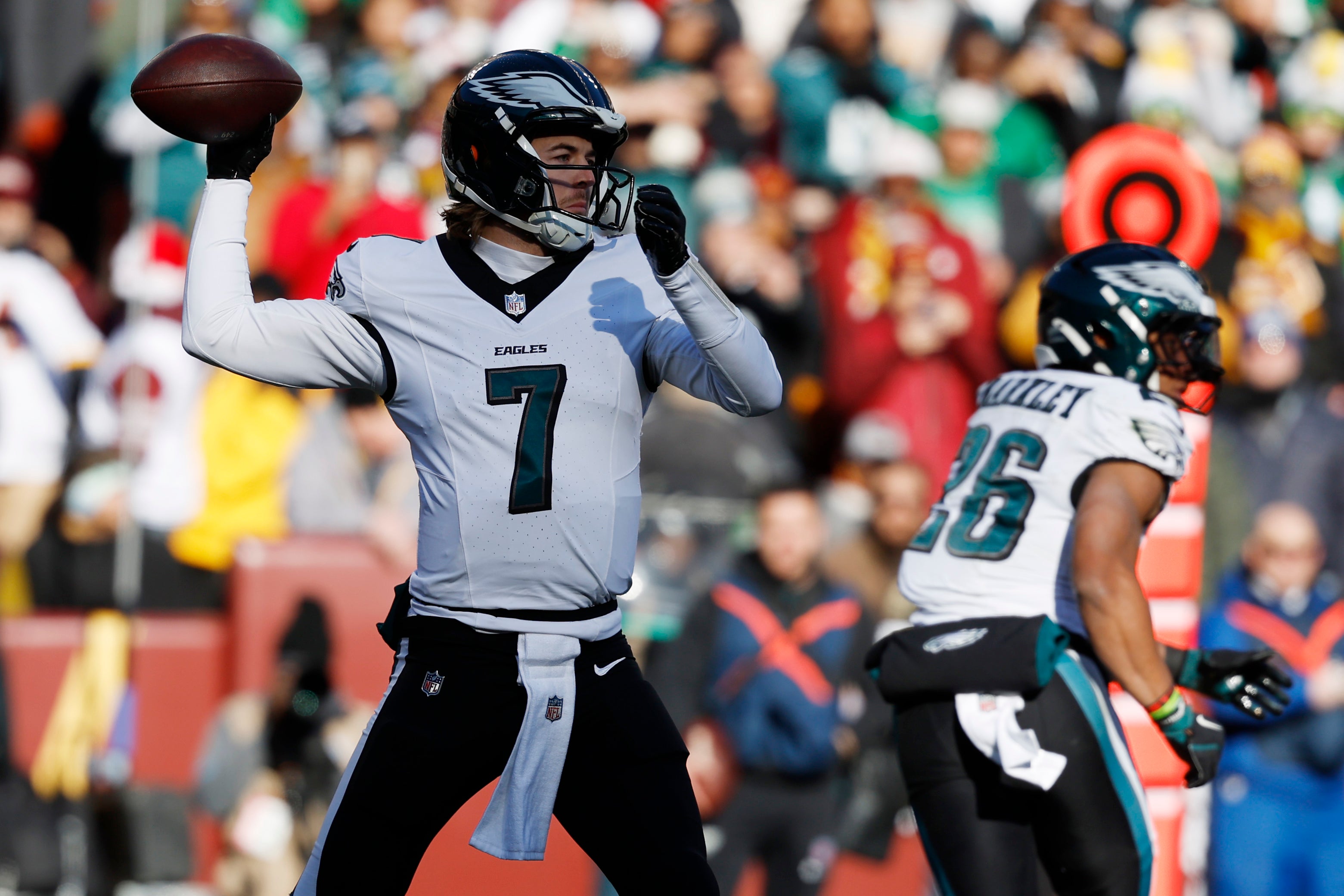 Philadelphia Eagles quarterback Kenny Pickett (7) passes the ball against the Washington Commanders during the first quarter at Northwest Stadium.