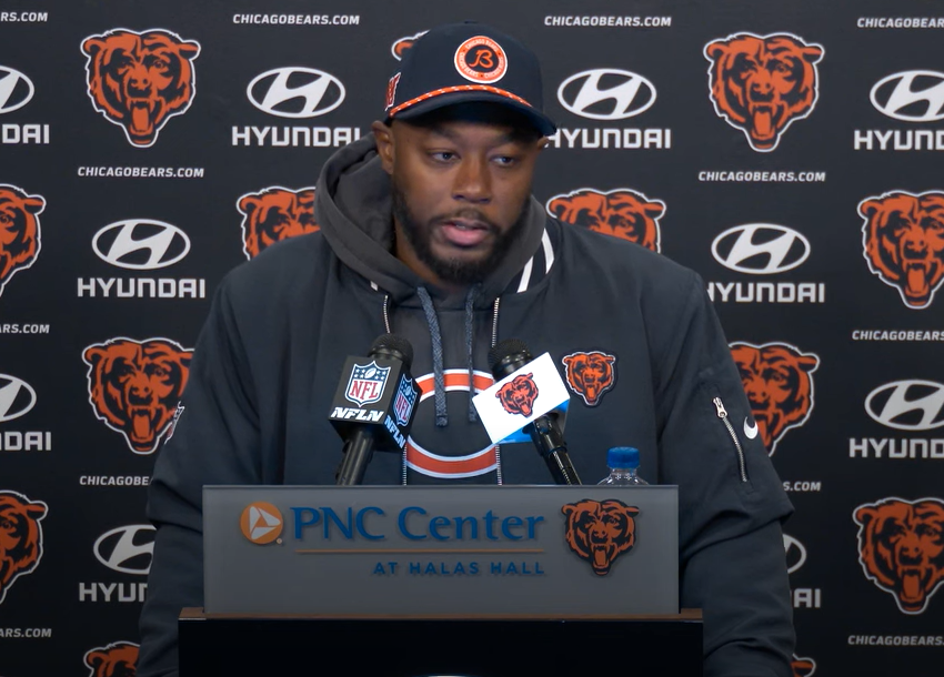 Thomas Brown addresses the media at Halas Hall on Monday.