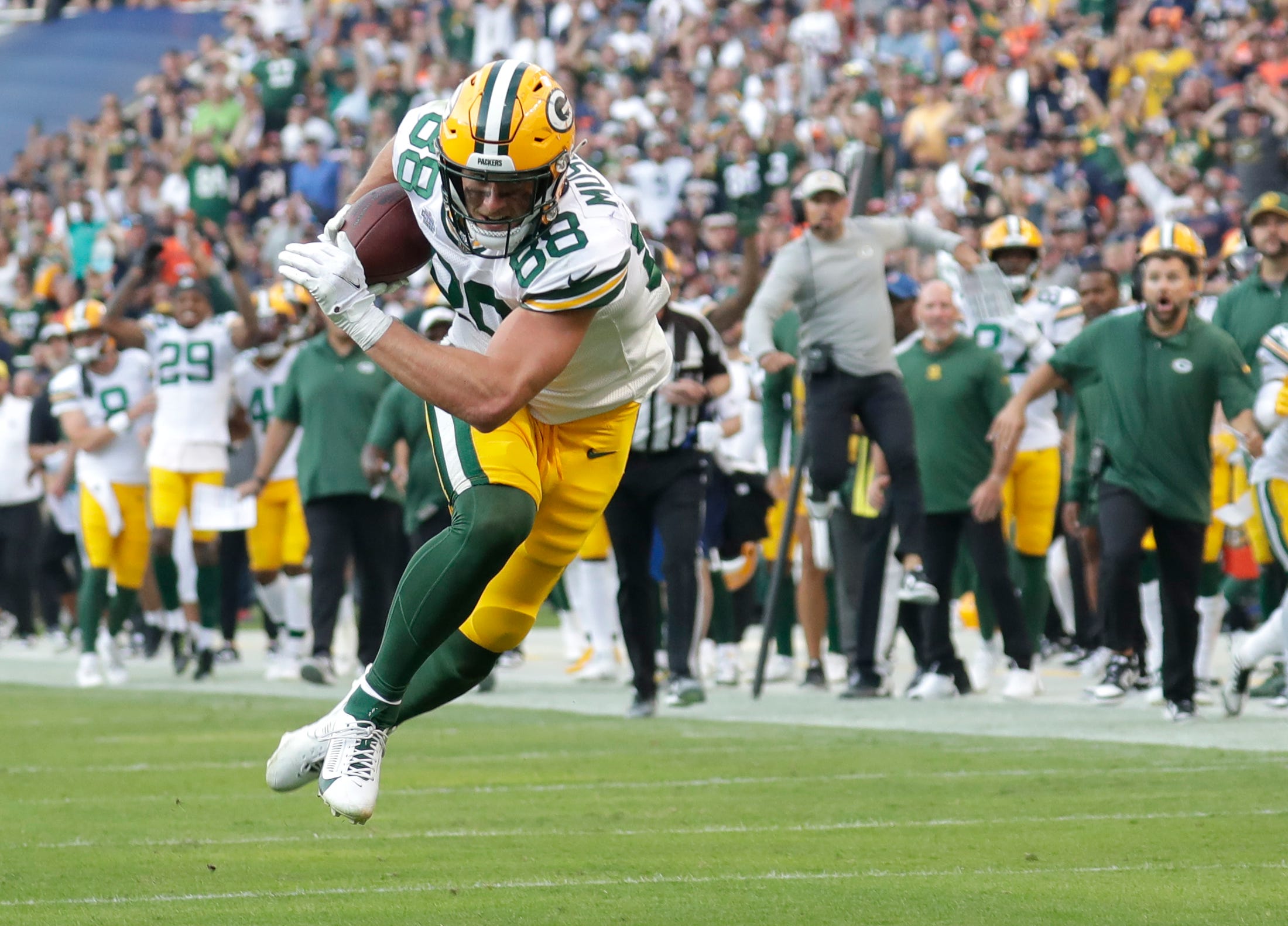 Green Bay Packers tight end Luke Musgrave (88) is wide open for a long reception in the fourth quarter during their football game Sunday, September 10, 2023, at Soldier Field in Chicago, Ill. The play helped set up a touchdown pass to wide receiver Romeo Doubs. Green Bay won 38-20.