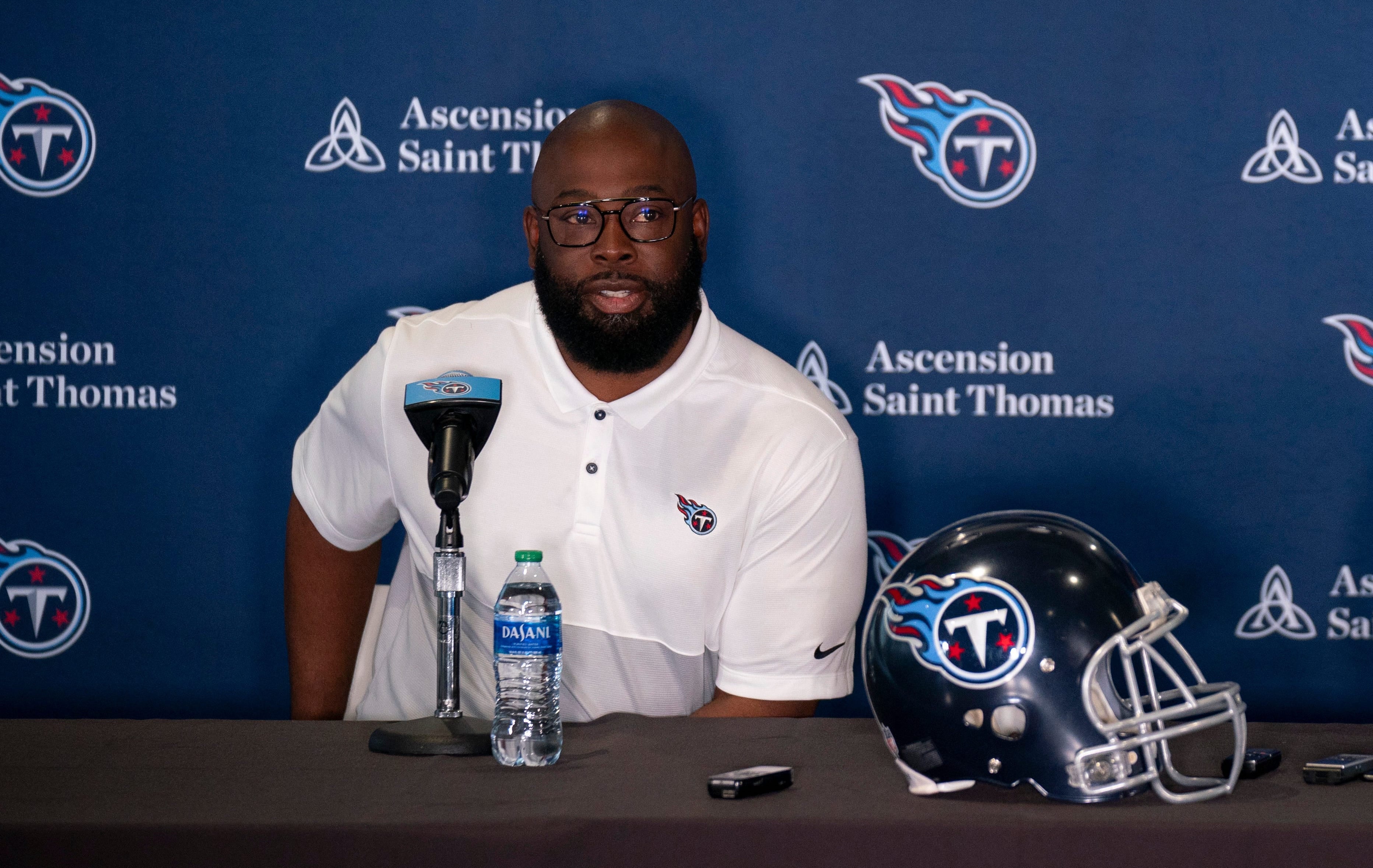 The Tennessee Titans General Manager Ran Carthon, left, and Head Coach Brian Callahan introduce first-round draft pick JC Latham at the teams Ascension Saint Thomas Sports Park facility in Nashville, ... Denny Simmons / The Tennessean-USA TODAY NETWORK