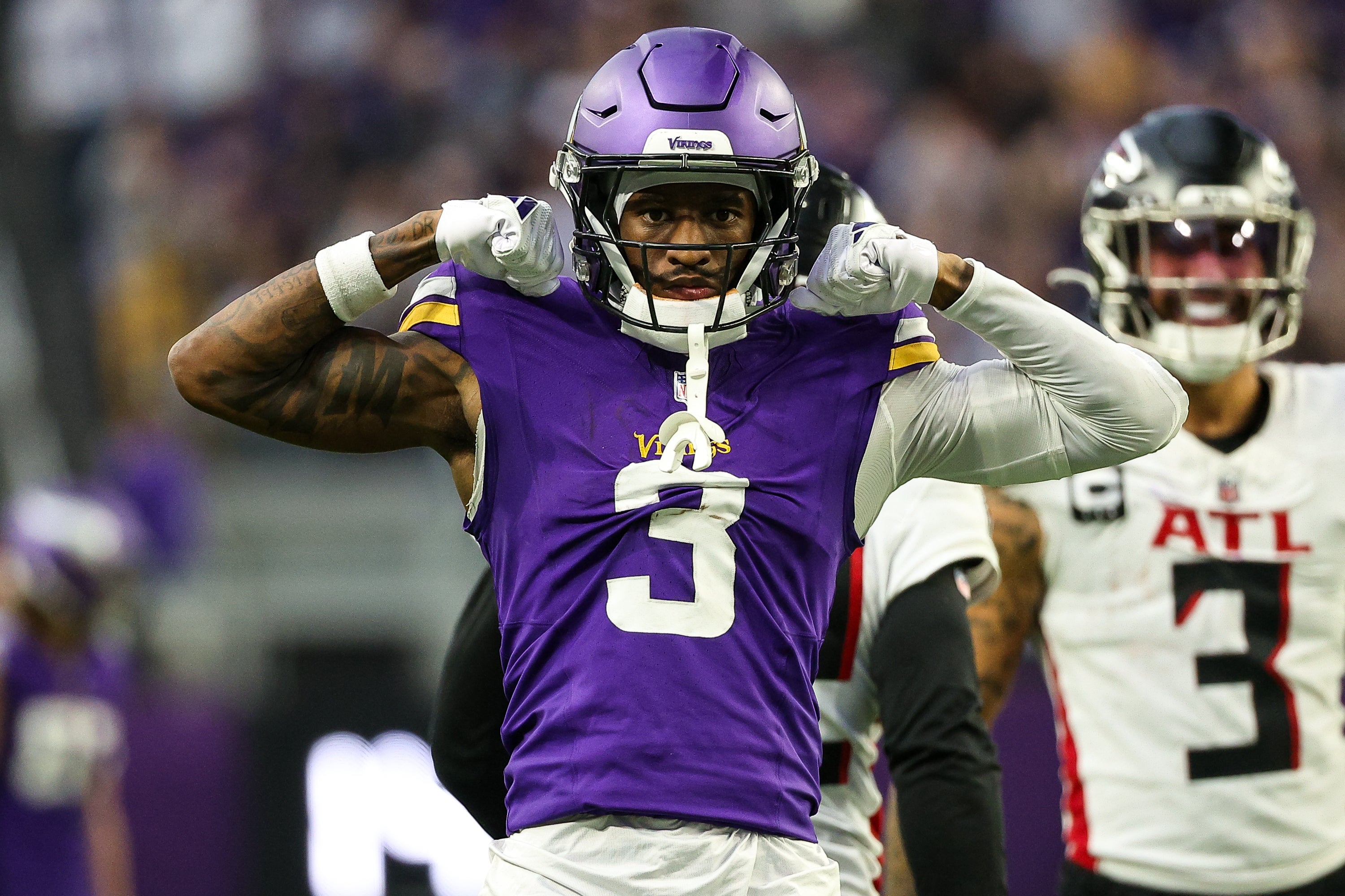 Dec 8, 2024; Minneapolis, Minnesota, USA; Minnesota Vikings wide receiver Jordan Addison (3) celebrates his catch against the Atlanta Falcons during the fourth quarter at U.S. Bank Stadium.
