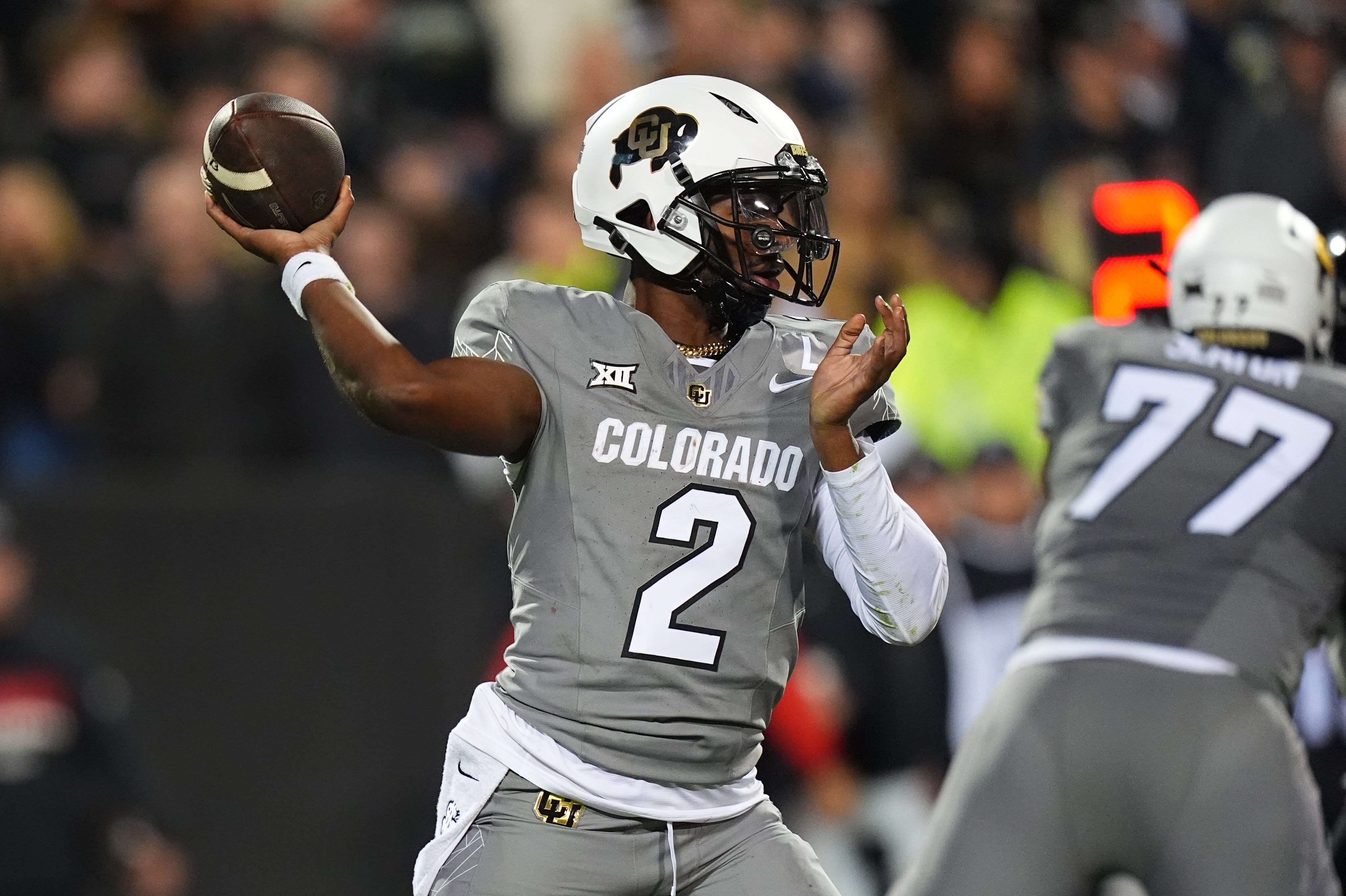 Oct 26, 2024; Boulder, Colorado, USA; Colorado Buffaloes quarterback Shedeur Sanders (2) prepares to pass in the second half against the Cincinnati Bearcats at Folsom Field.
