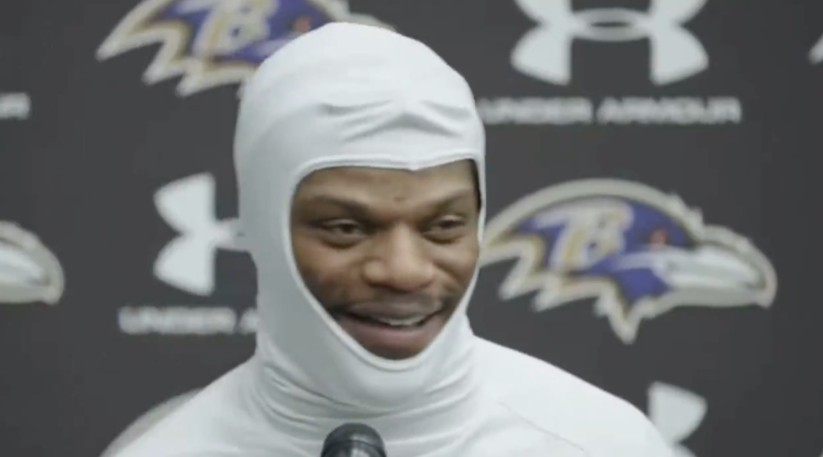 Baltimore Ravens quarterback Lamar Jackson talks to reporters on December 23, 2024.
