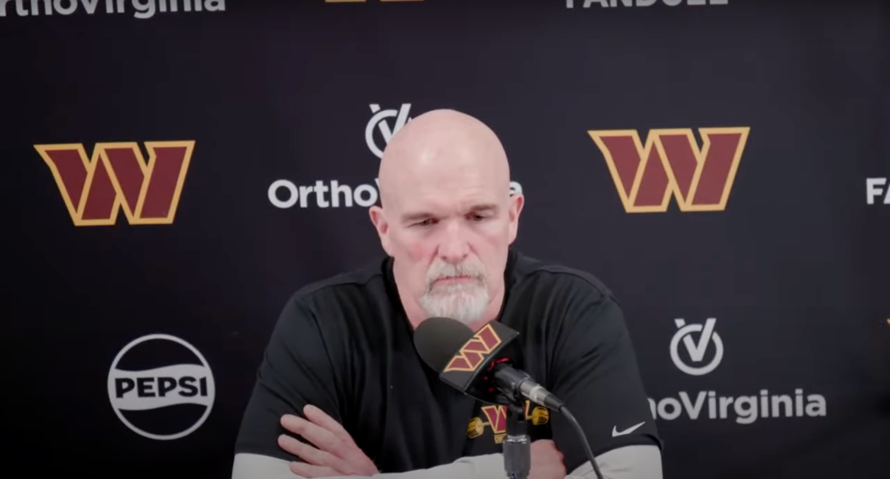 Commanders head coach Dan Quinn talks to the media on the Monday after their win over Philadelphia.