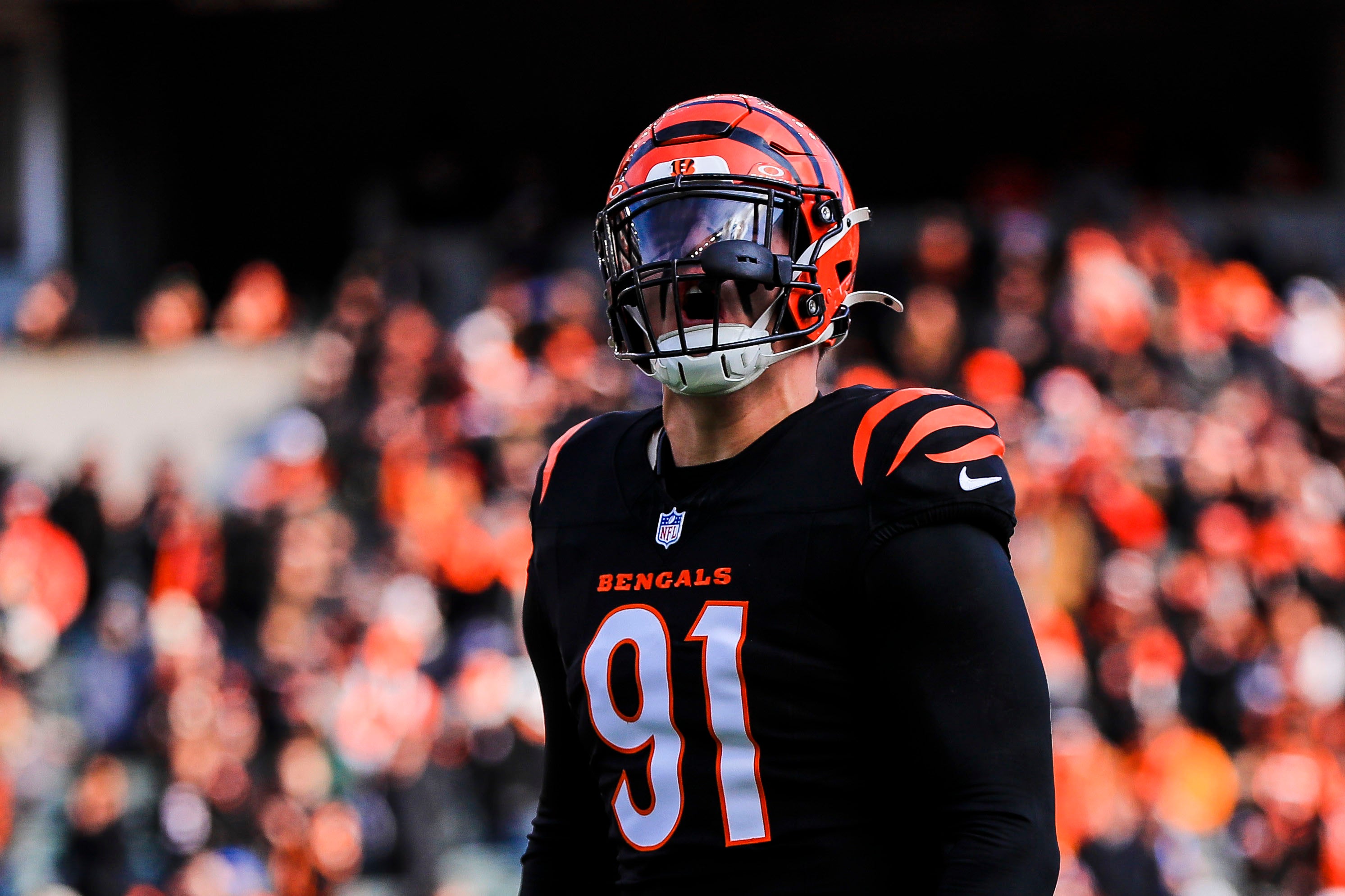 Dec 22, 2024; Cincinnati, Ohio, USA; Cincinnati Bengals defensive end Trey Hendrickson (91) runs onto the field before the game against the Cleveland Browns at Paycor Stadium.