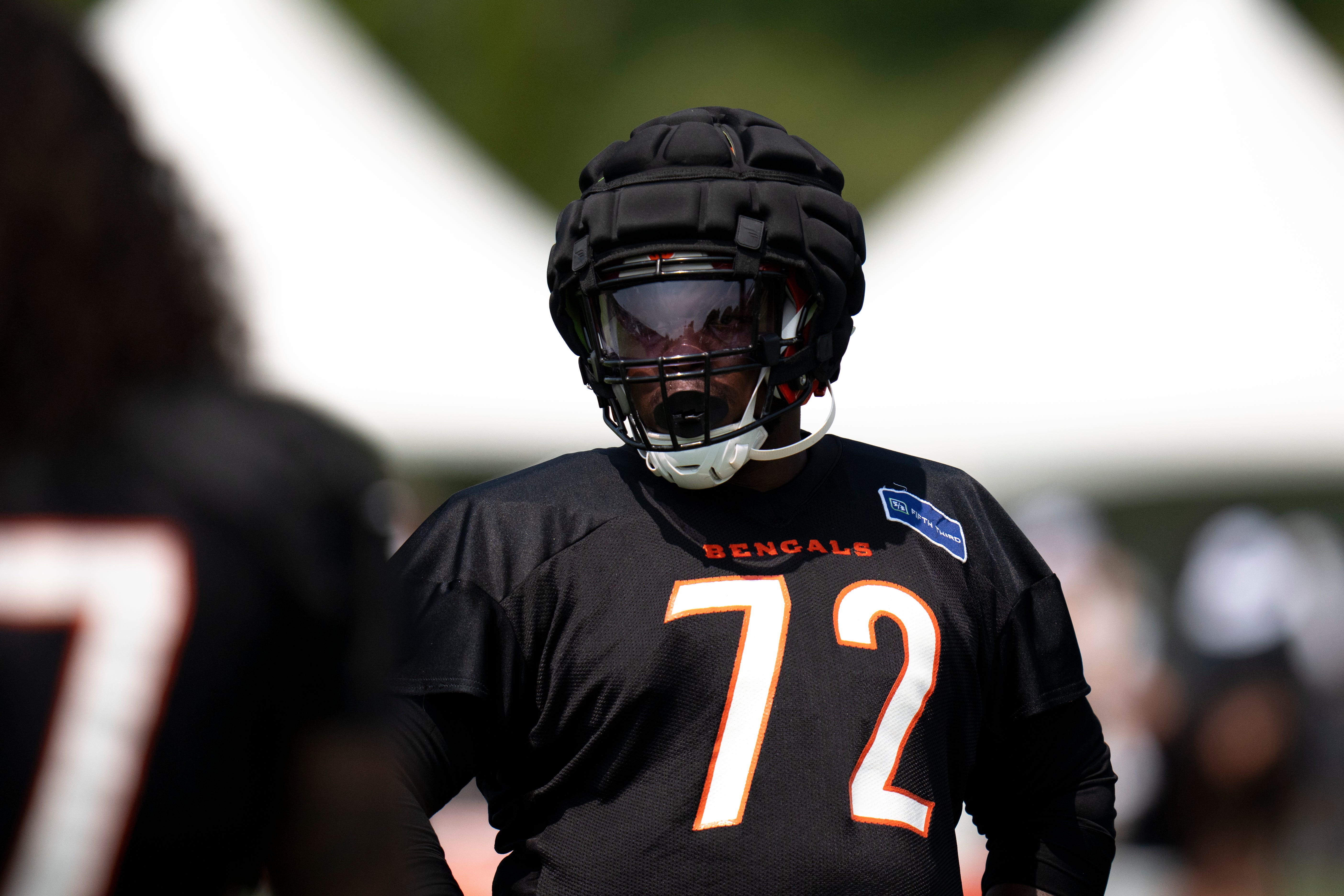 Cincinnati Bengals defensive tackle Domenique Davis (72) looks on during Cincinnati Bengals training camp in Cincinnati on Friday, July 26, 2024.
