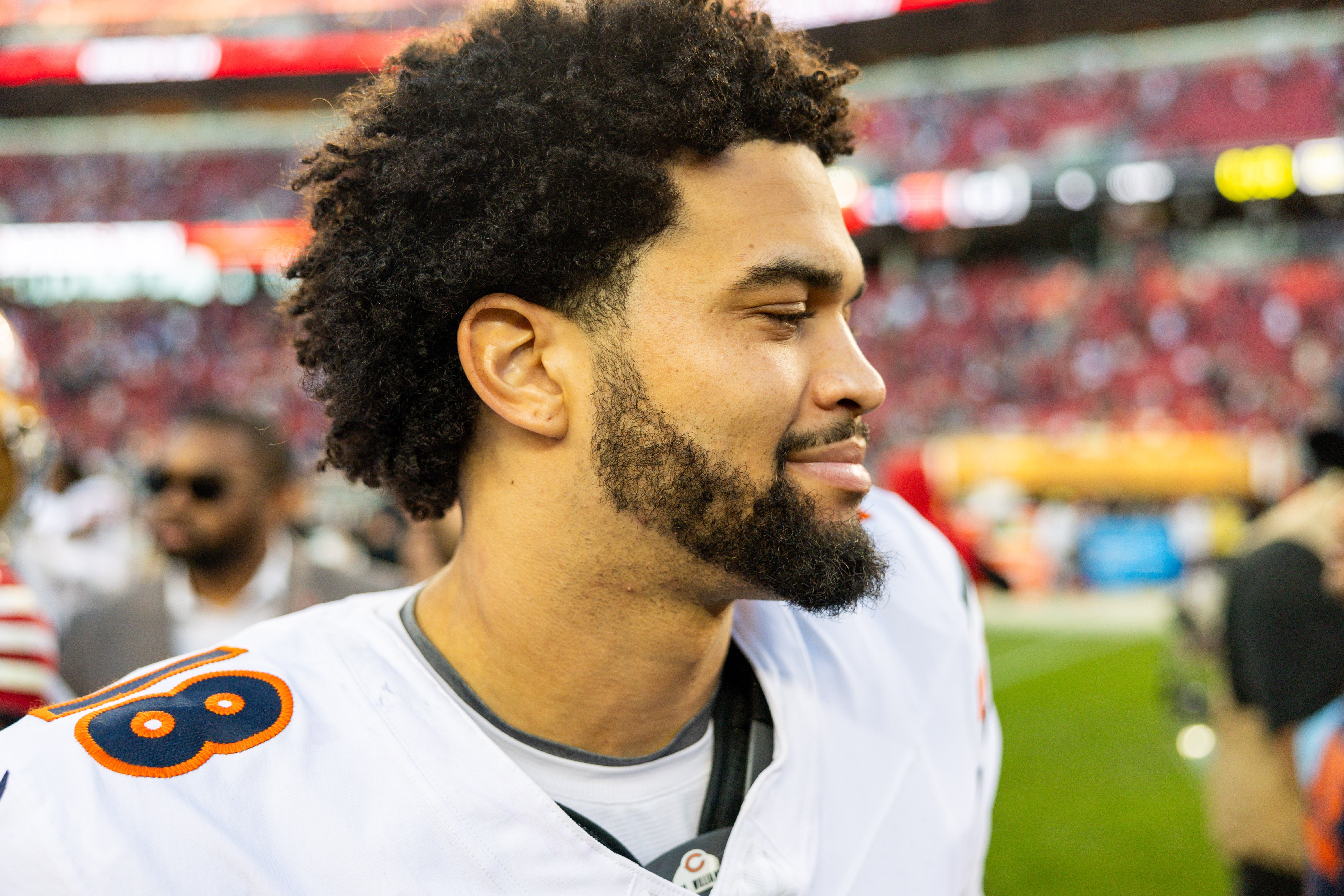 Dec 8, 2024; Santa Clara, California, USA; Chicago Bears quarterback Caleb Williams (18) after the game against the San Francisco 49ers at Levi's Stadium.